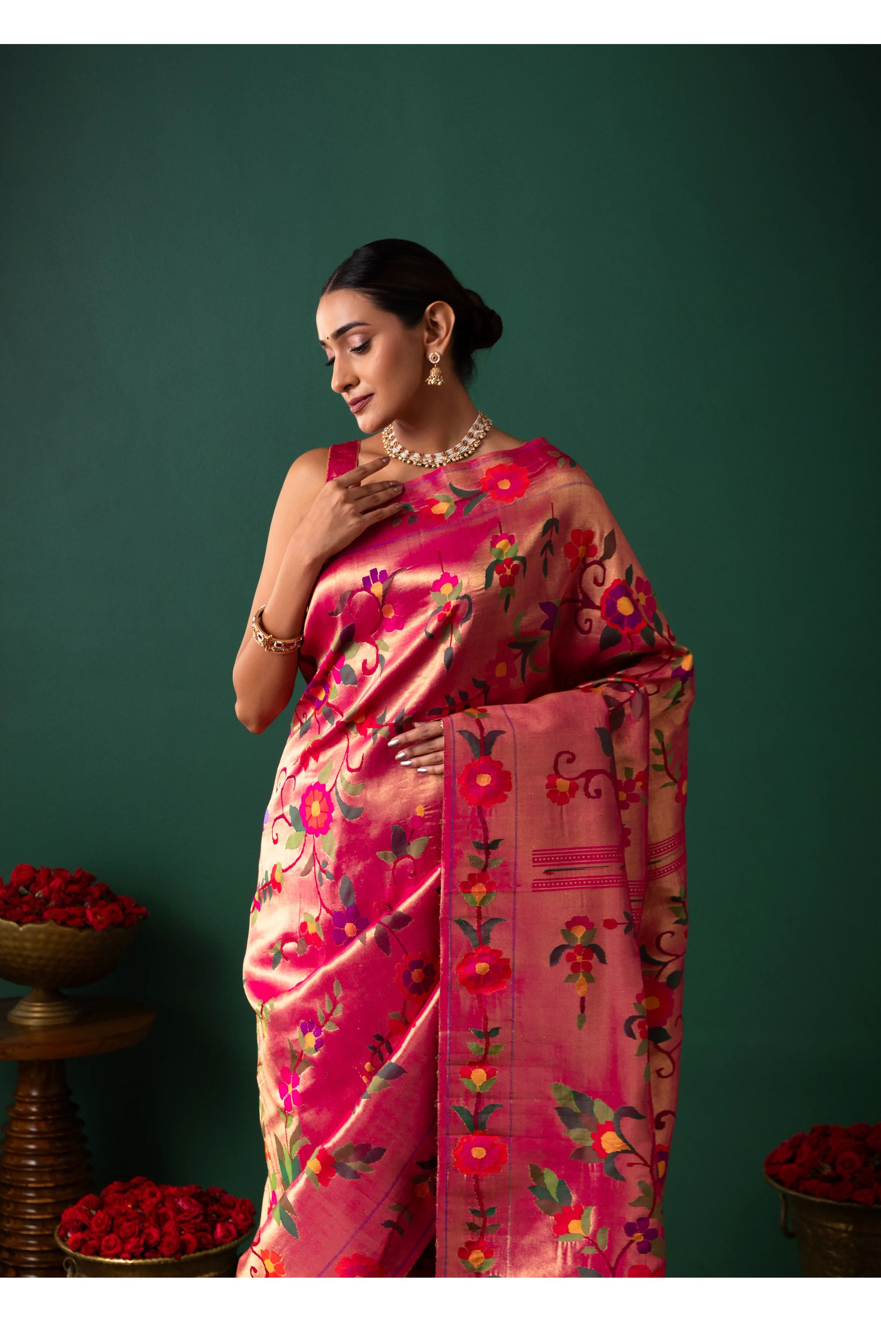 Pink Paithani Tissue Saree with All Over Jaal Weaving - Mokshaa