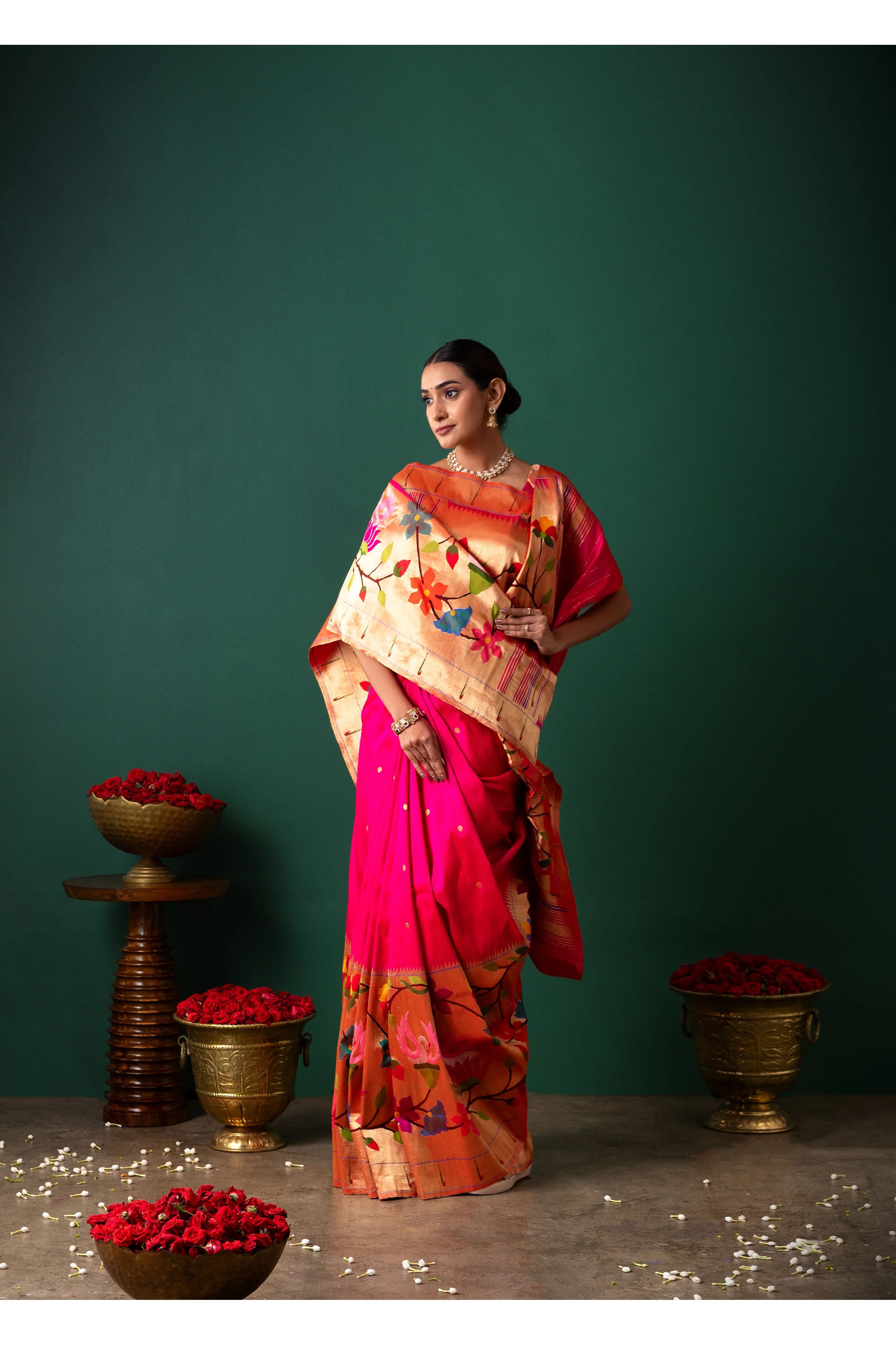 Pink Orange Paithani Silk Saree Buttis & Jaal Border - Mokshaa