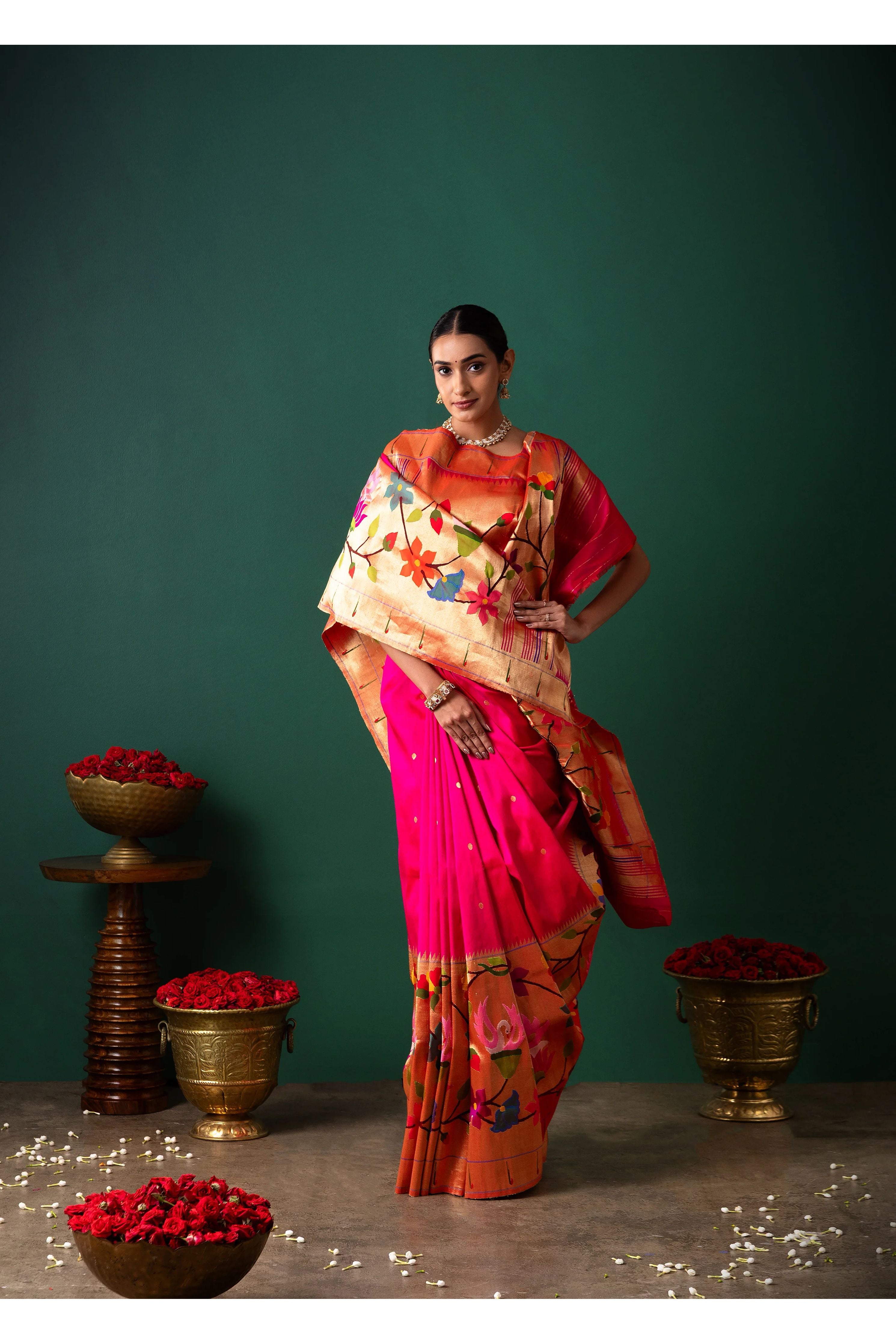 Pink Orange Paithani Silk Saree Buttis & Jaal Border - Mokshaa