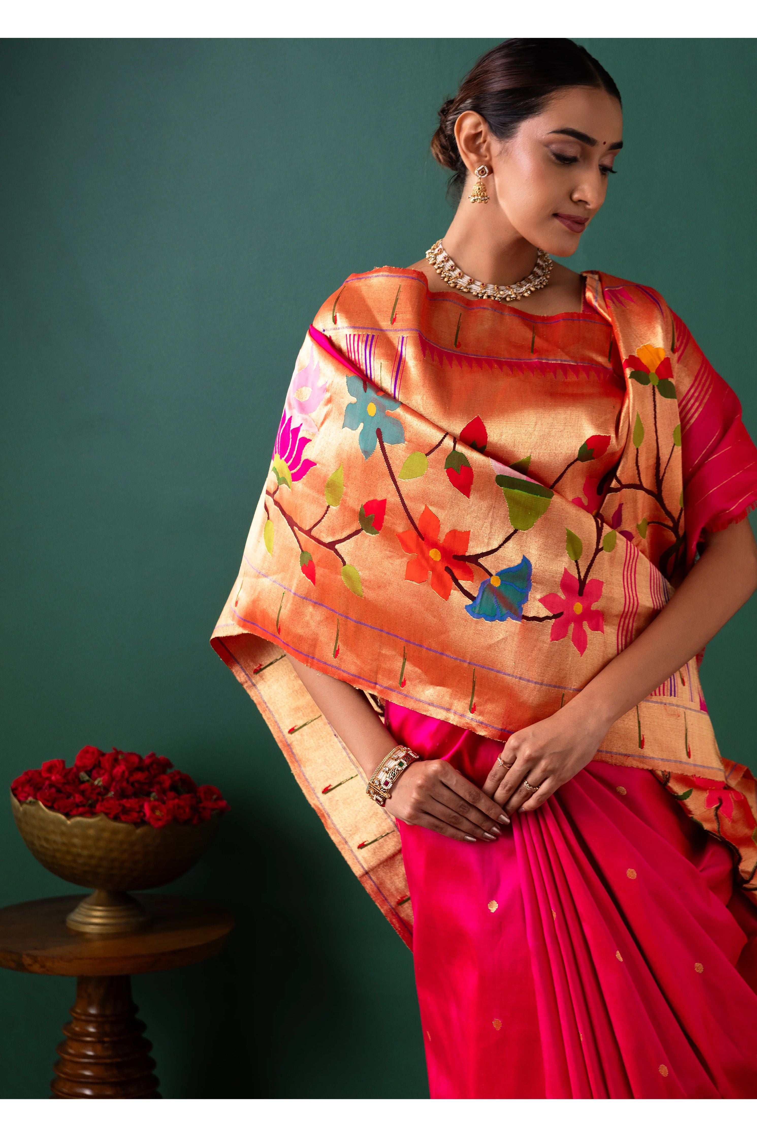 Pink Orange Paithani Silk Saree Buttis & Jaal Border - Mokshaa