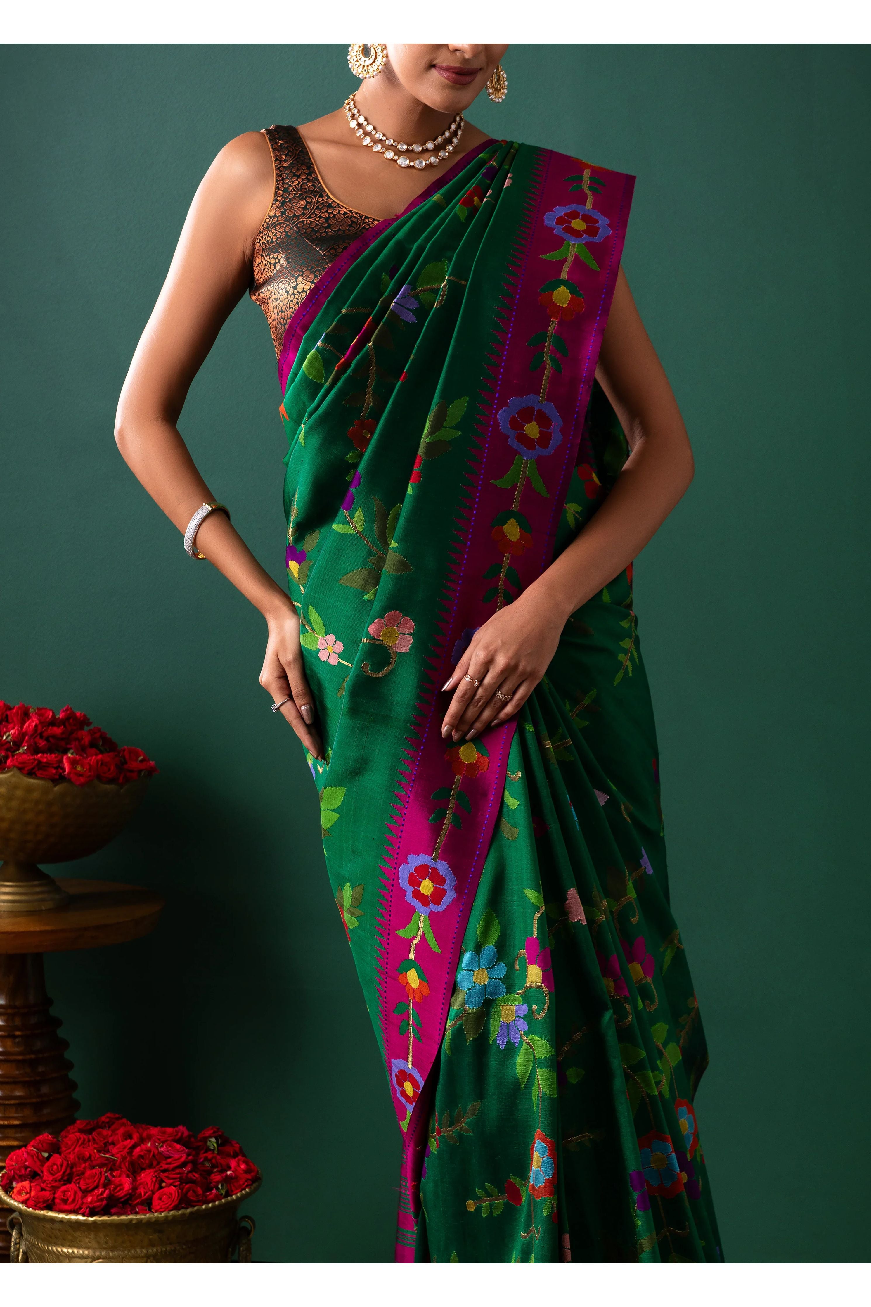 Green Paithani Silk Saree with All Over Jaal and Contrast Pink Border - Mokshaa