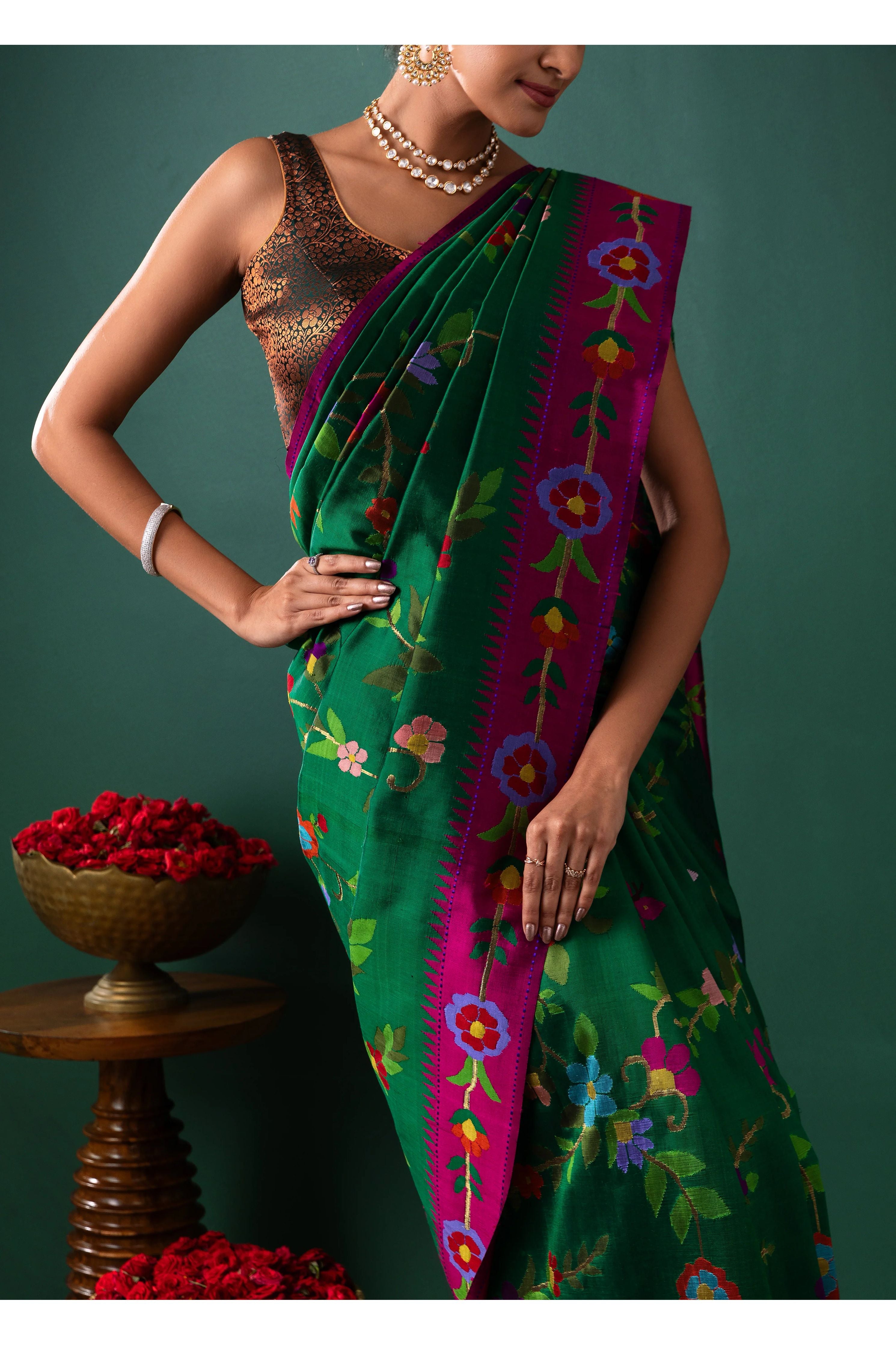 Green Paithani Silk Saree with All Over Jaal and Contrast Pink Border - Mokshaa
