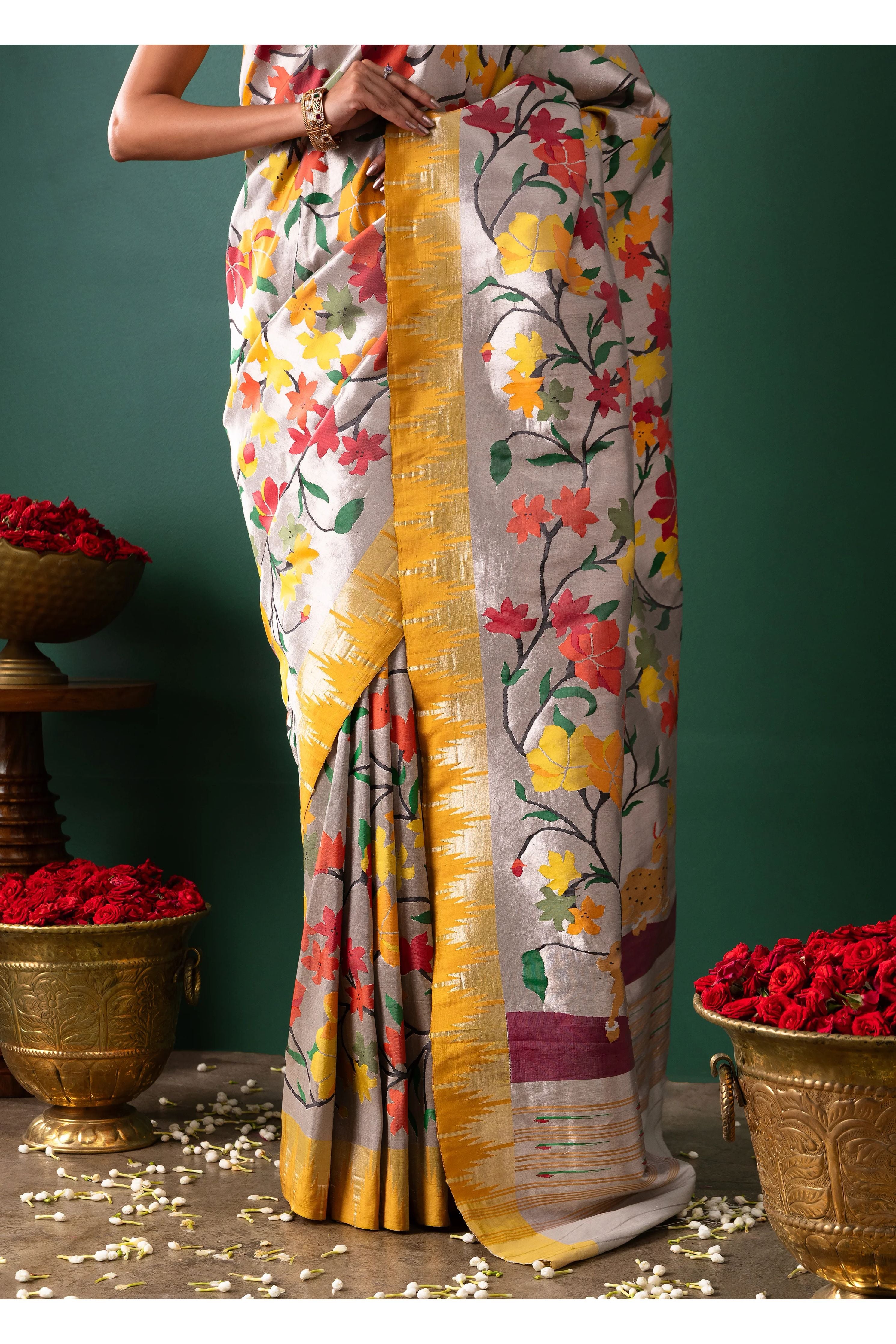 Silver Paithani Tissue Saree with All Over Jaal Weaving - Mokshaa