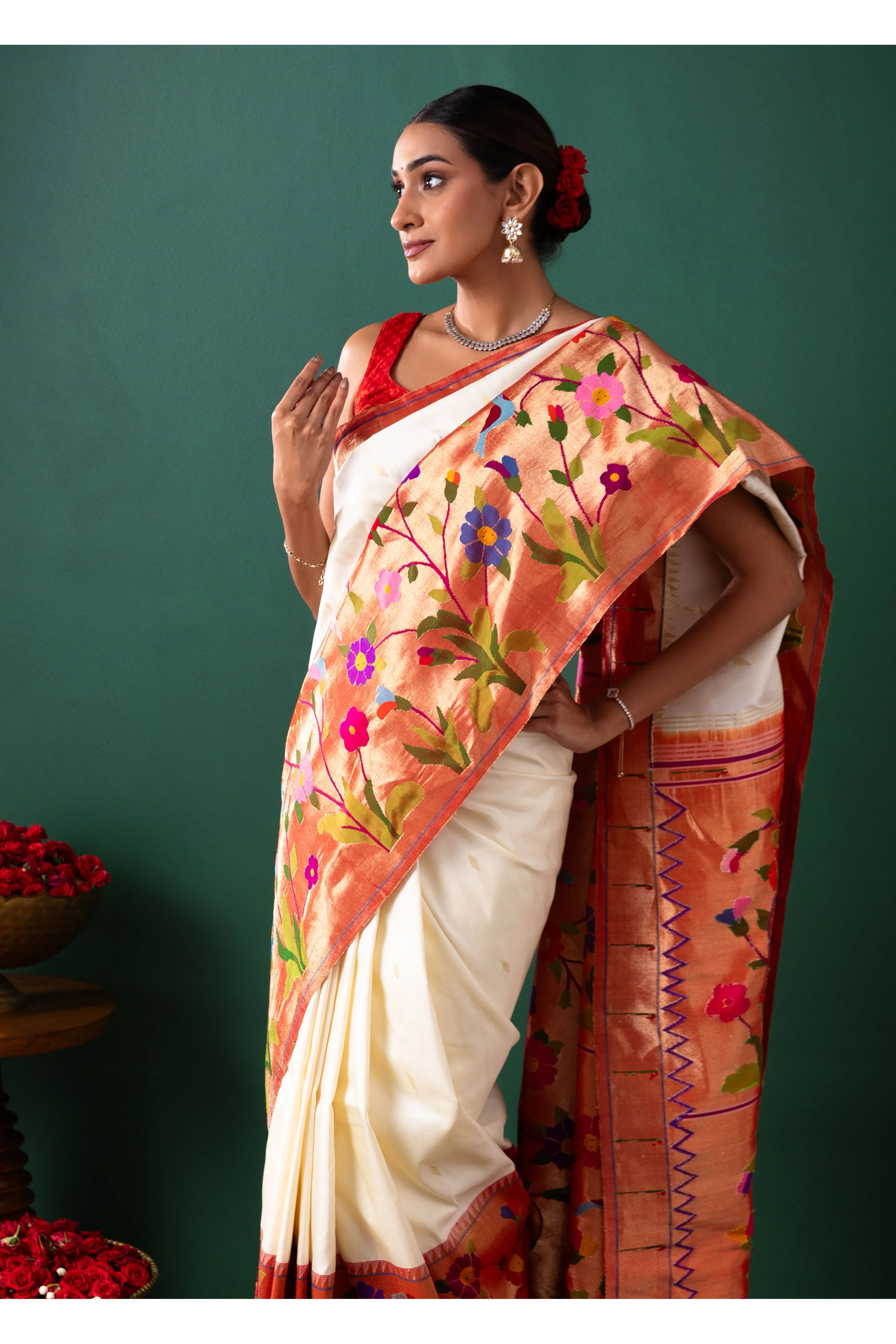 Off White Paithani Silk Saree with Buttise & Paithani Border - Mokshaa