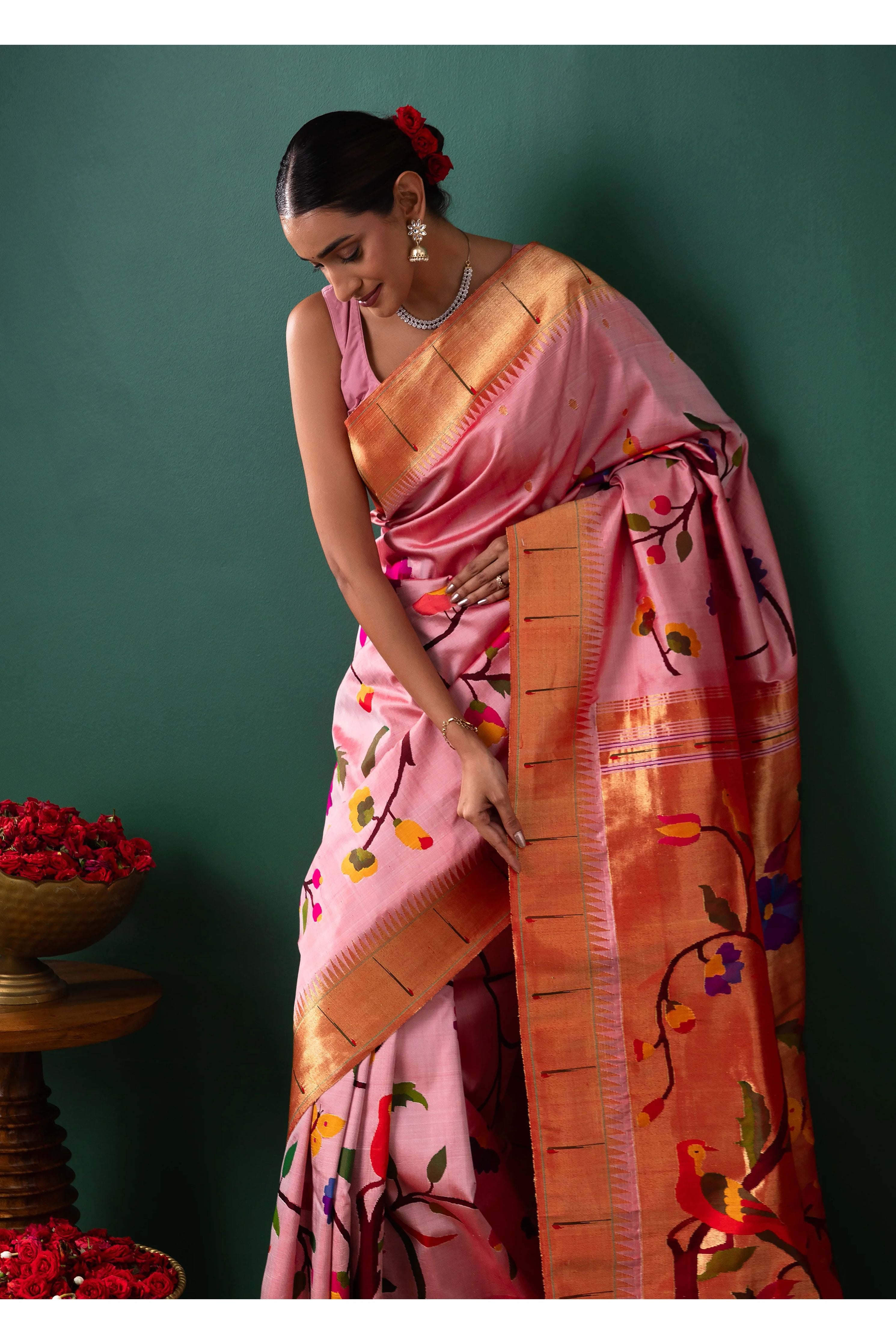 Peach Paithani Silk Saree with All Over Jaal Weaving - Mokshaa