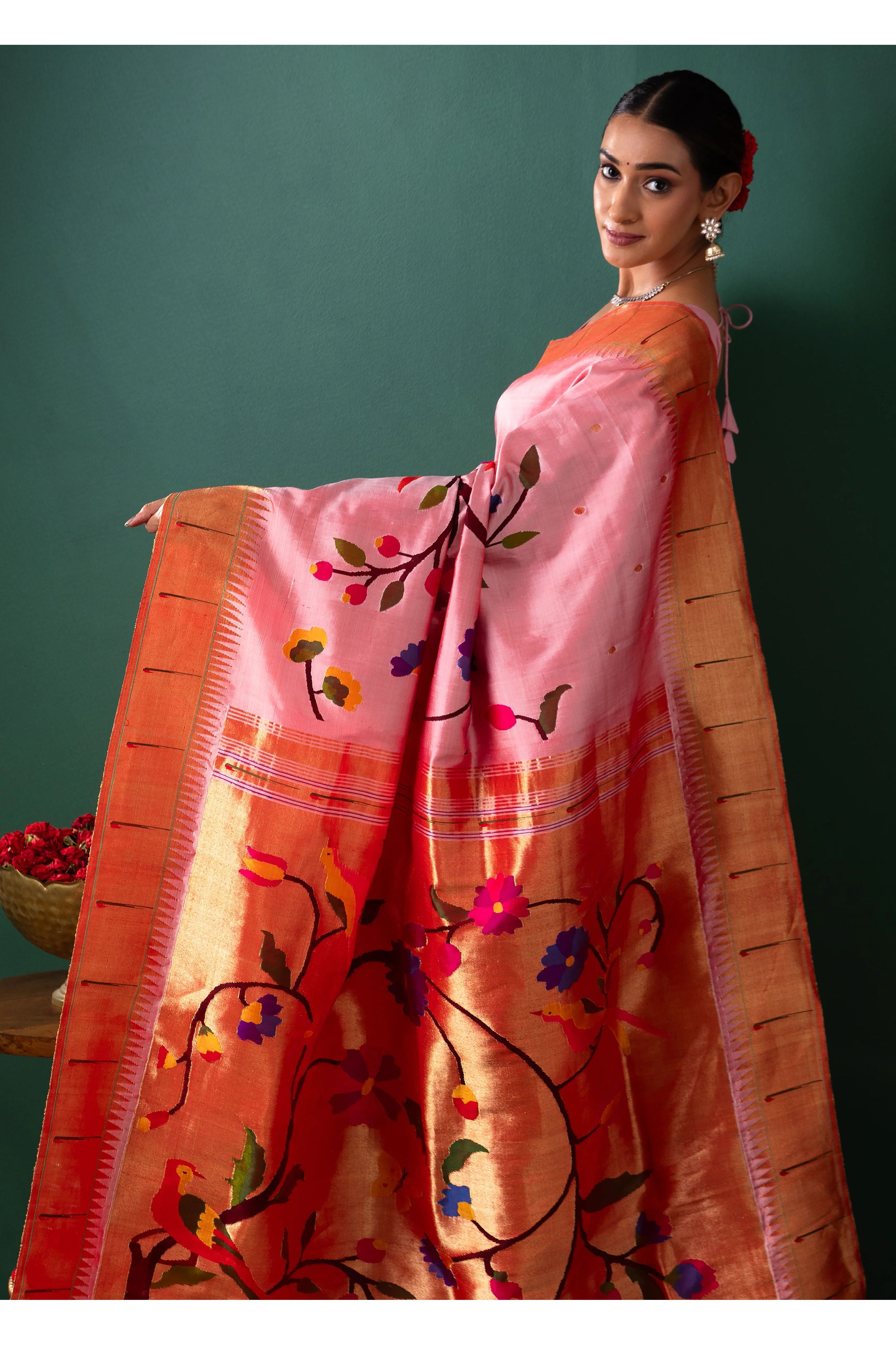 Peach Paithani Silk Saree with All Over Jaal Weaving - Mokshaa