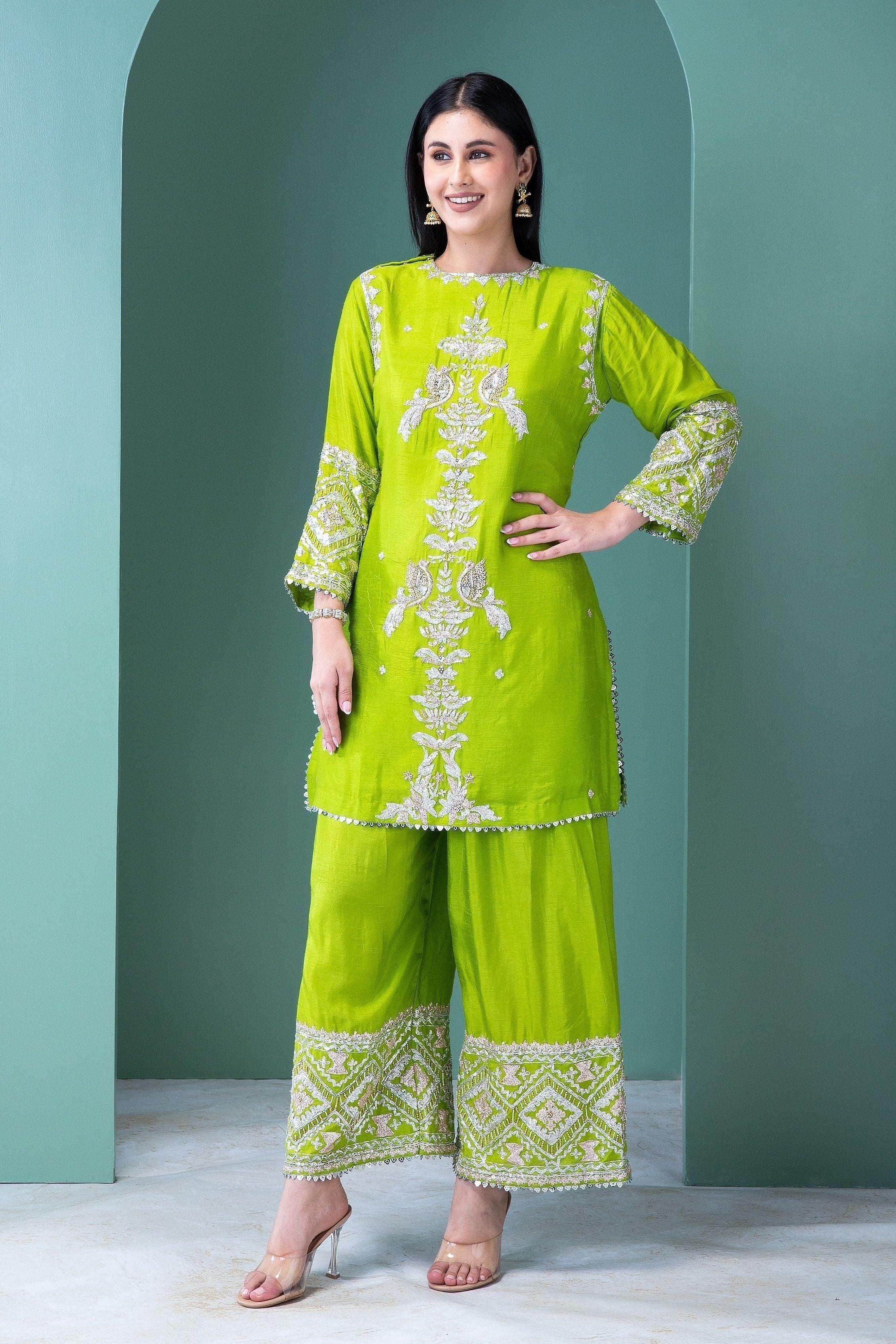 Forest Green Raw Silk Co-Ord Set - Mokshaa