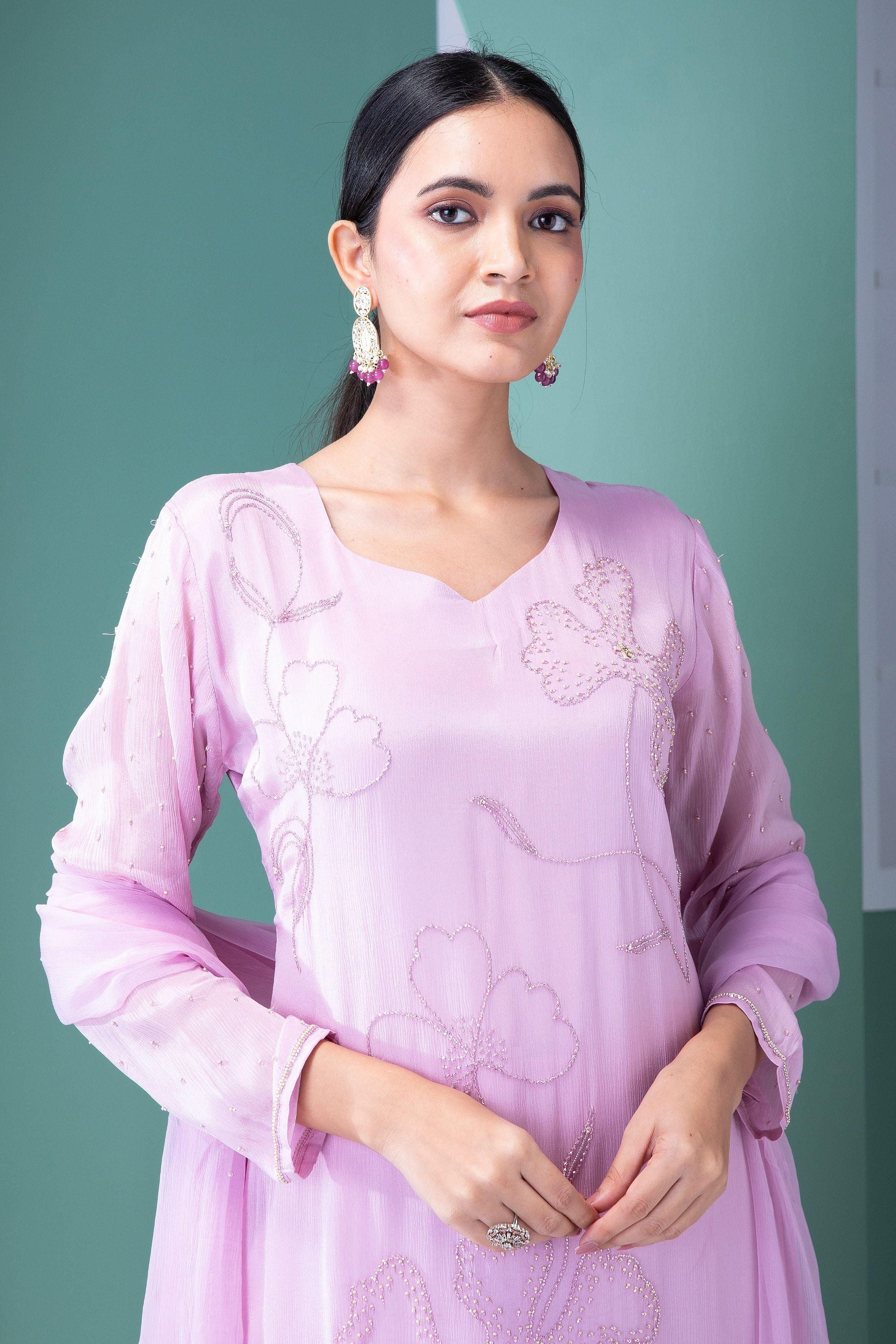 Lavender Blush Georgette Kurta And Palazzo Set - Mokshaa