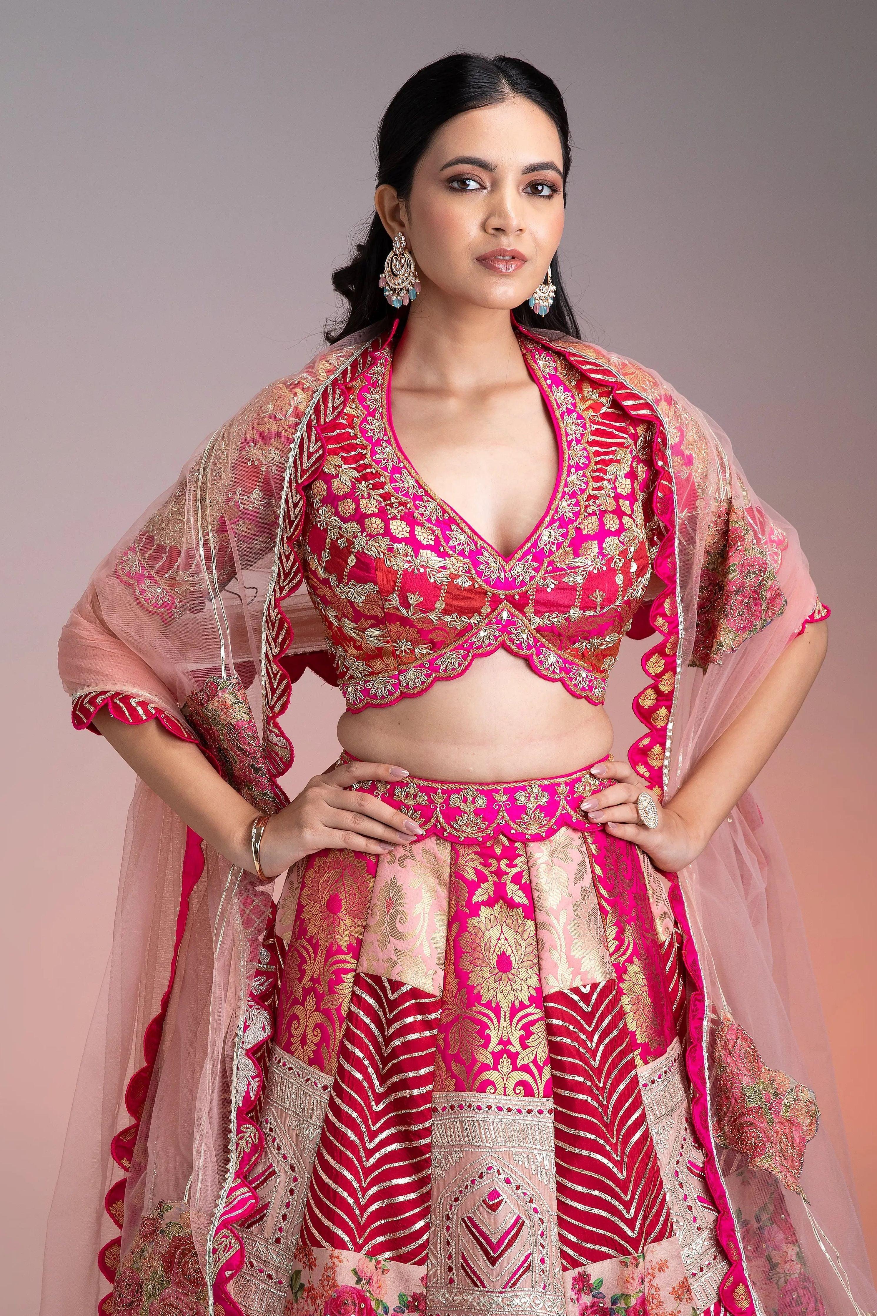 Vibrant Pink And Gold Applique Lehenga - Mokshaa