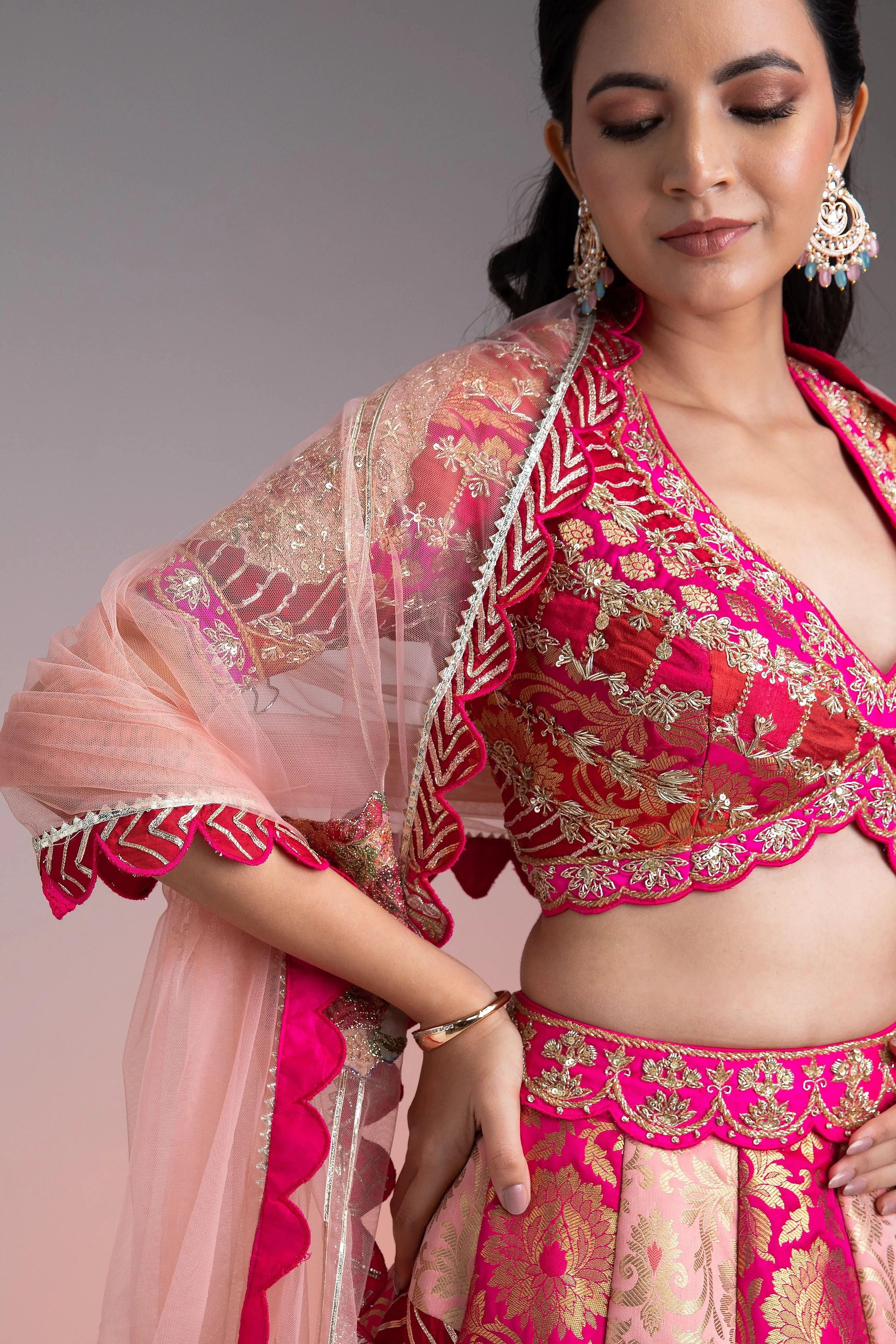 Vibrant Pink And Gold Applique Lehenga - Mokshaa