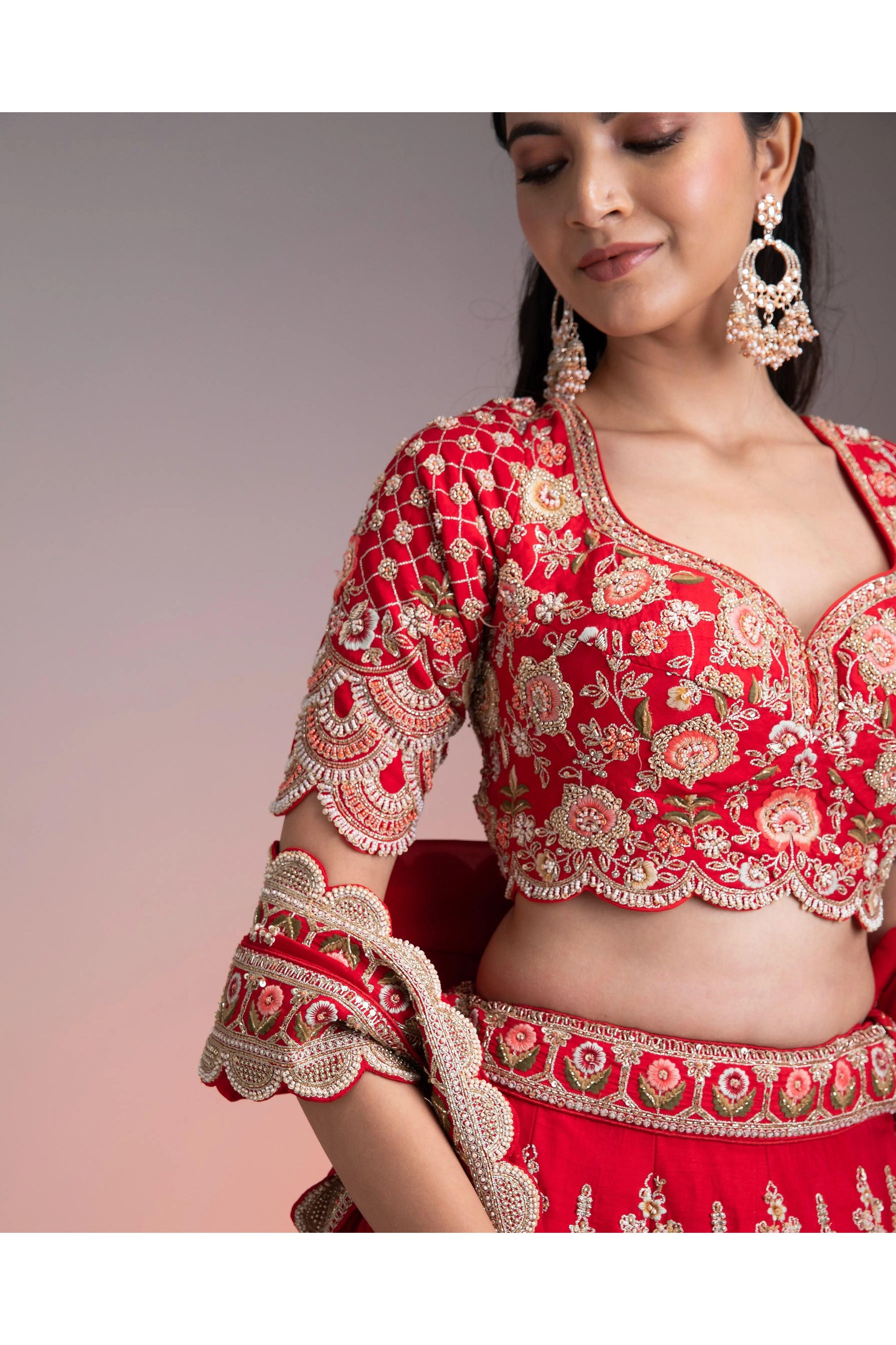 Red Silk Lehenga Set With Multicolor Threadwork - Mokshaa