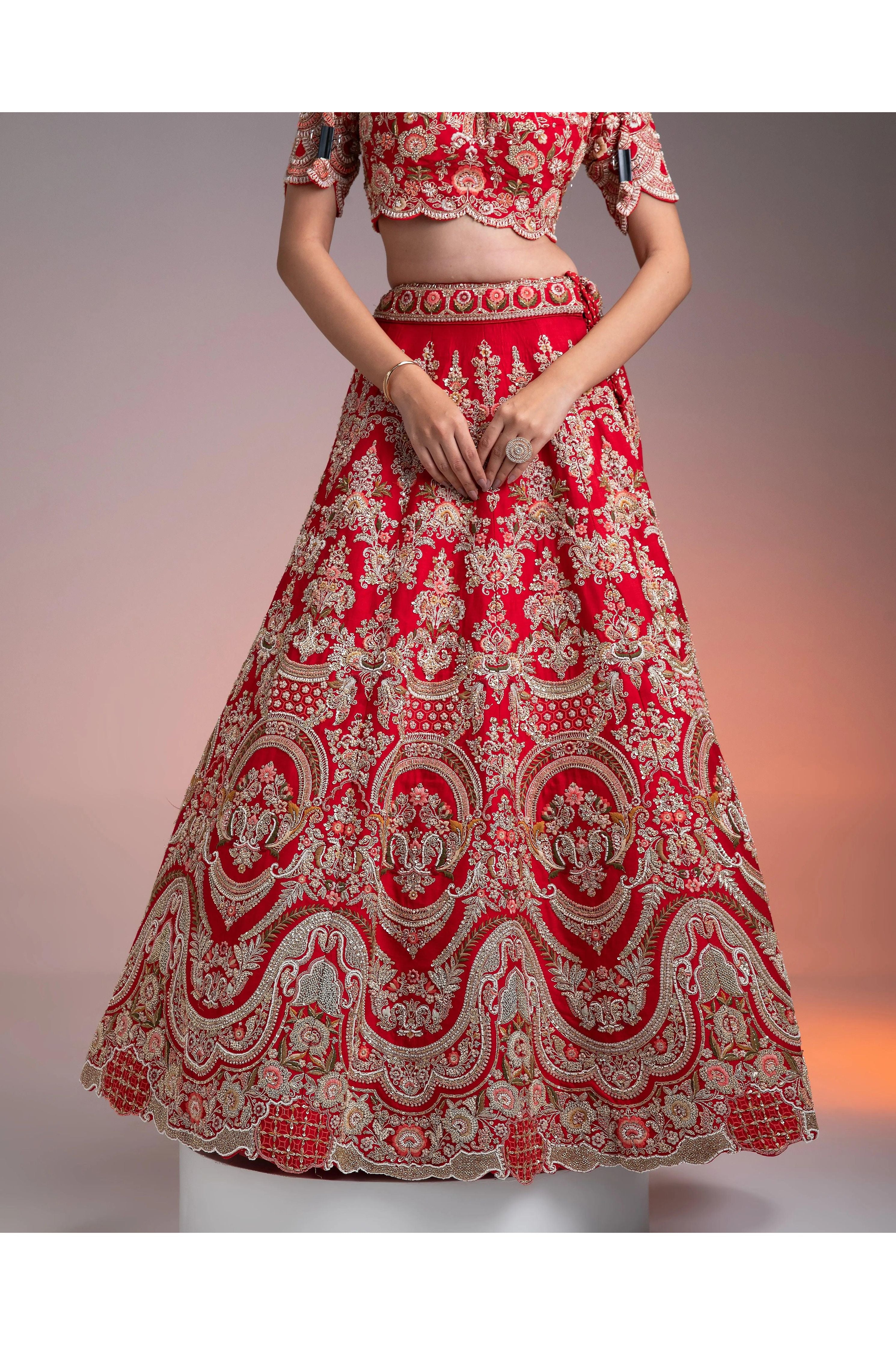 Red Silk Lehenga Set With Multicolor Threadwork - Mokshaa
