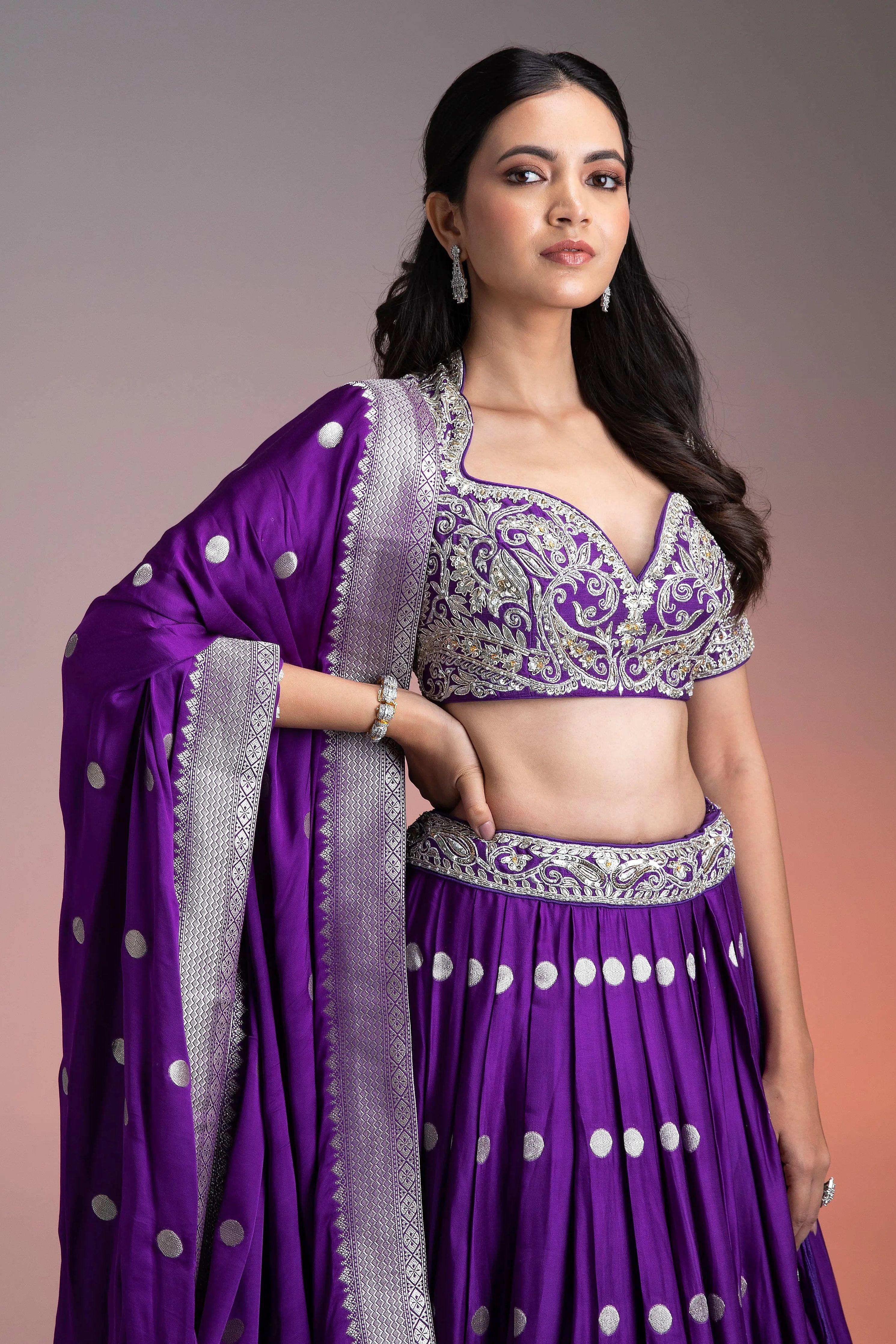 Deep Purple Silk Lehenga With Silver Brocade And Banarasi Dupatta | Lehenga | Mokshaa
