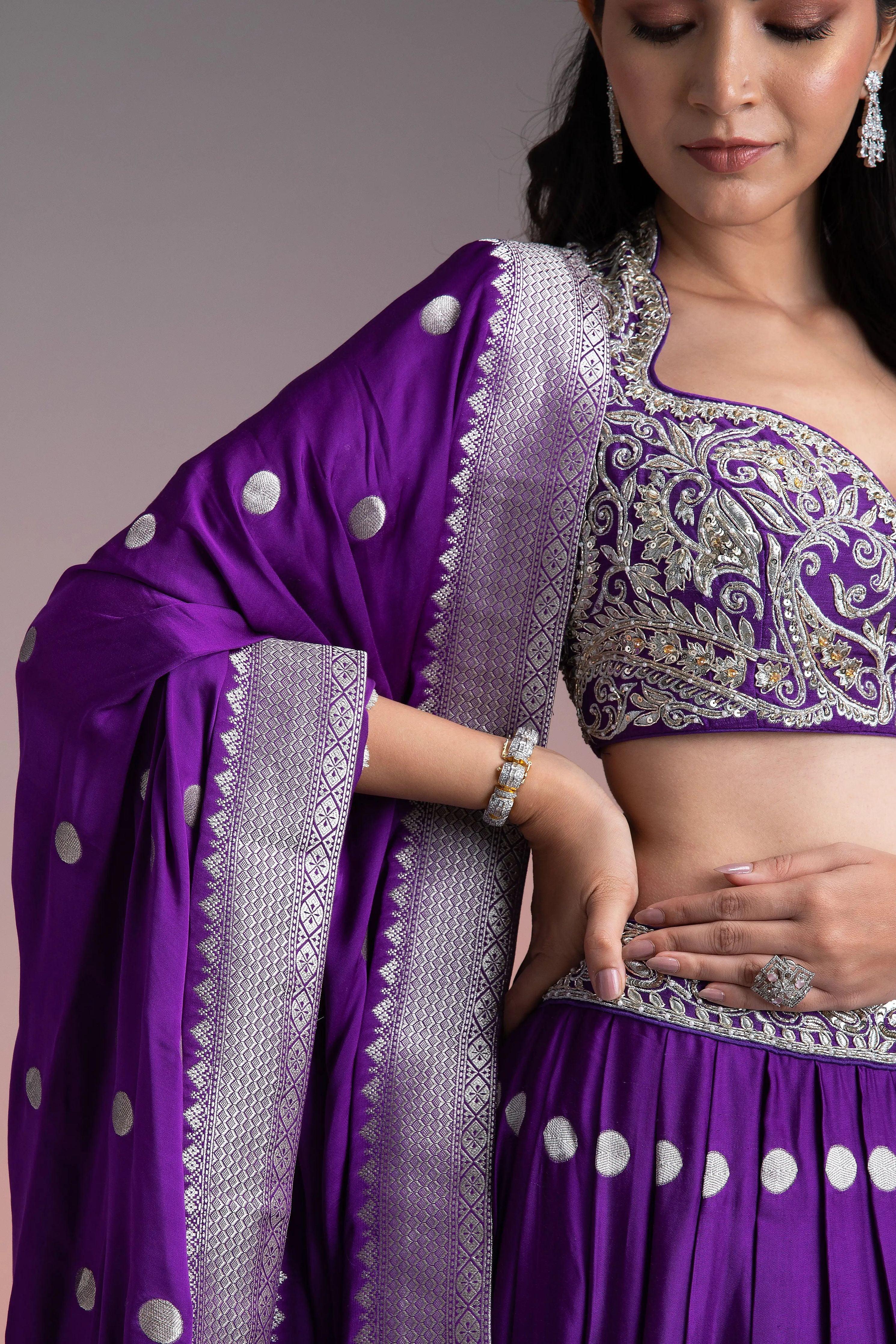 Deep Purple Silk Lehenga With Silver Brocade And Banarasi Dupatta | Lehenga | Mokshaa
