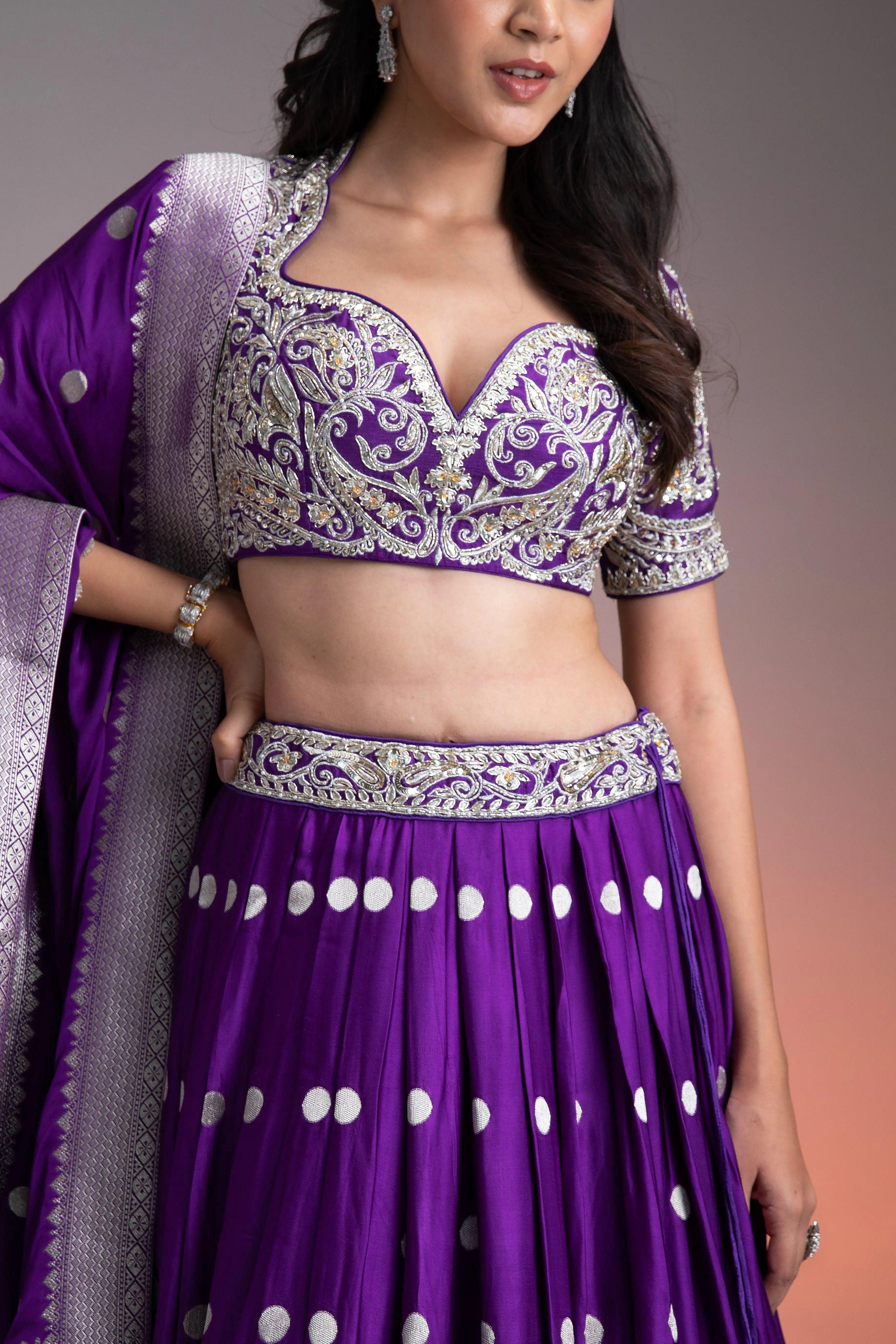 Deep Purple Silk Lehenga With Silver Brocade And Banarasi Dupatta | Lehenga | Mokshaa