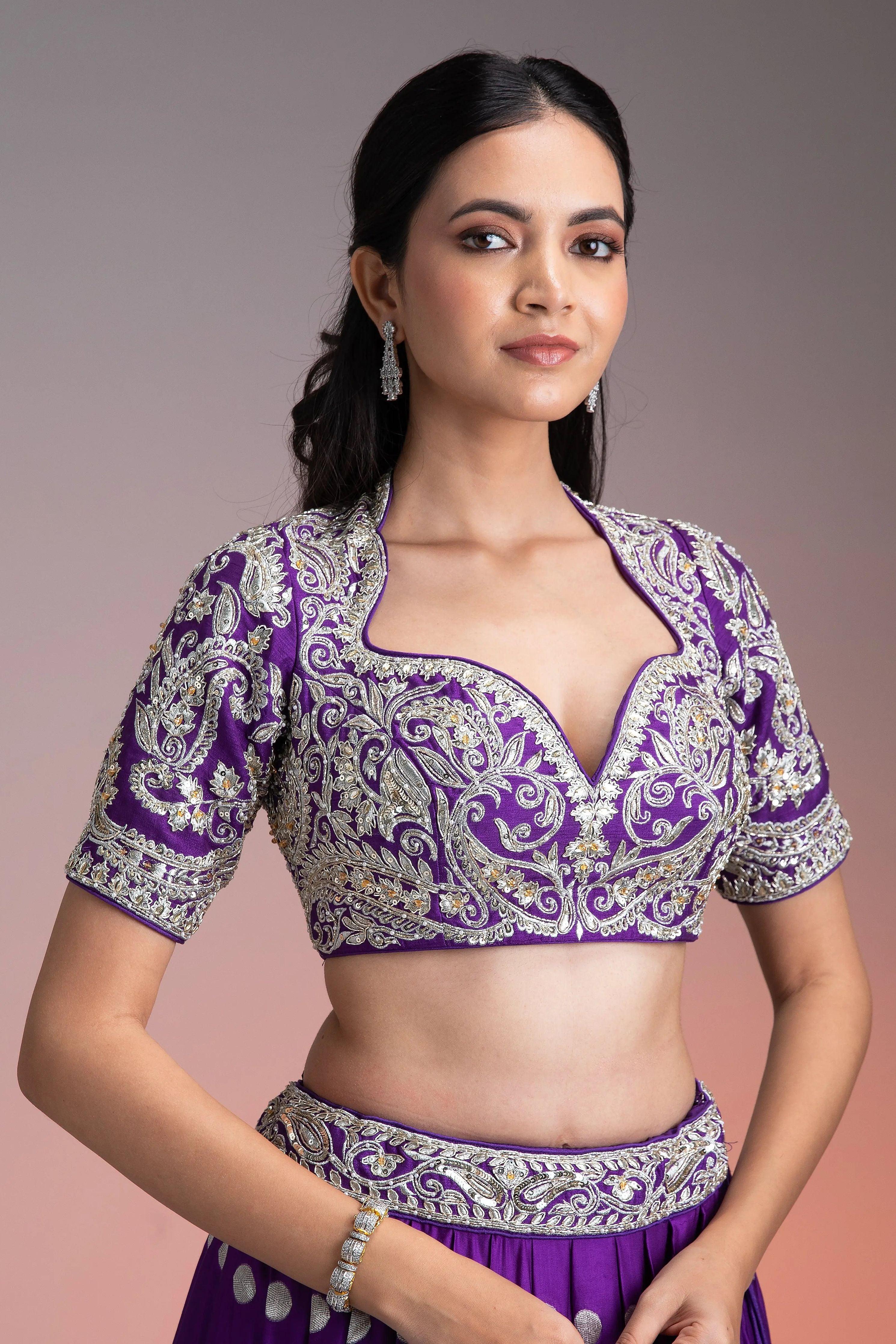 Deep Purple Silk Lehenga With Silver Brocade And Banarasi Dupatta | Lehenga | Mokshaa