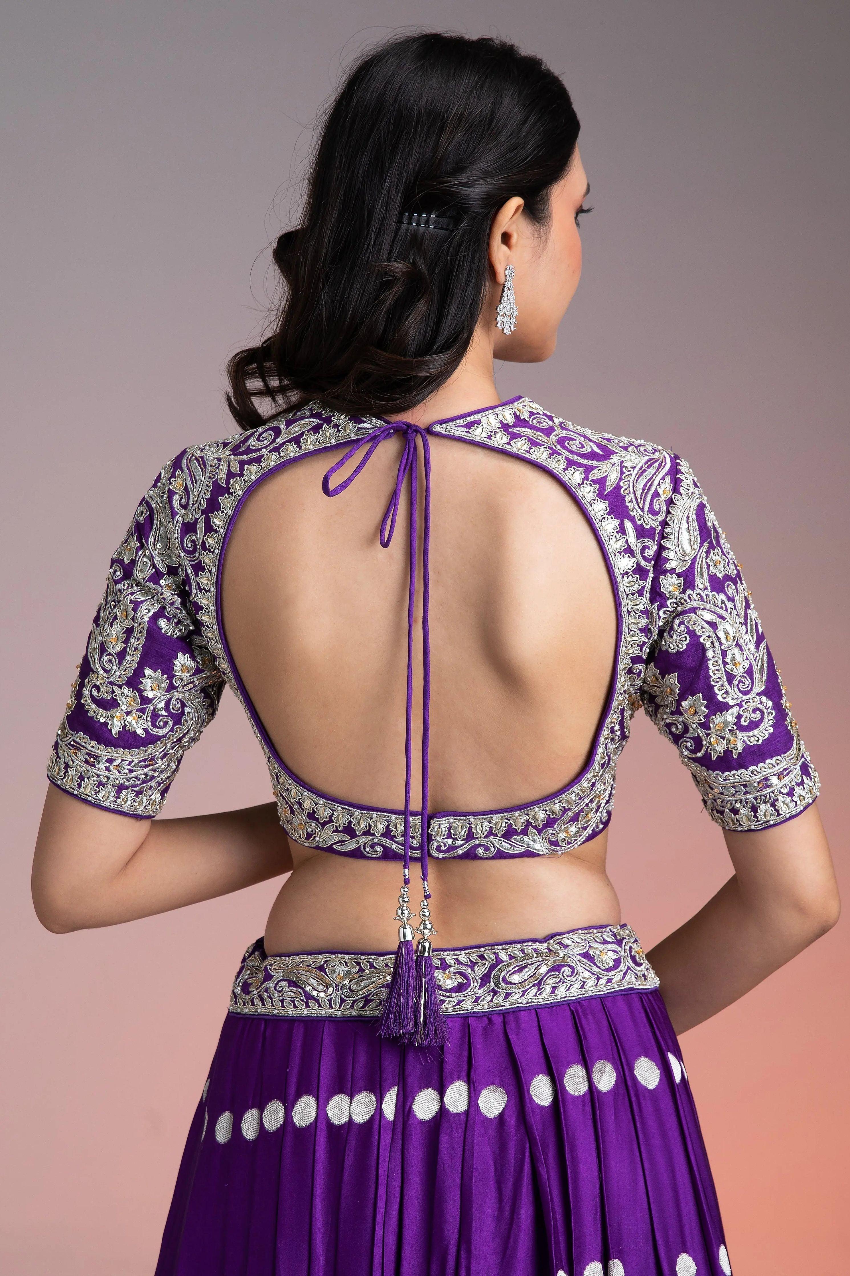 Deep Purple Silk Lehenga With Silver Brocade And Banarasi Dupatta | Lehenga | Mokshaa