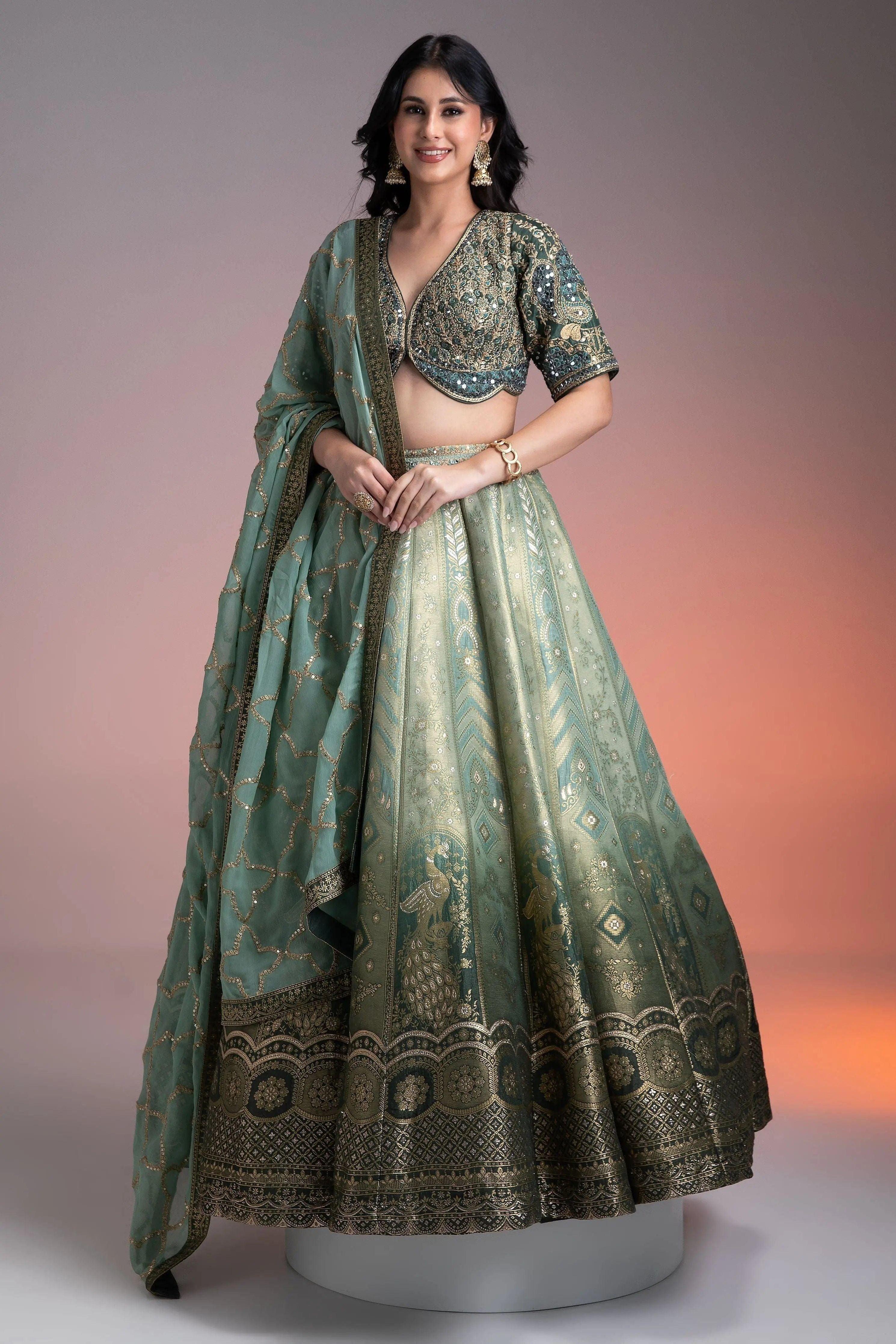 Sage Green Shaded Banarasi Silk Lehenga - Mokshaa