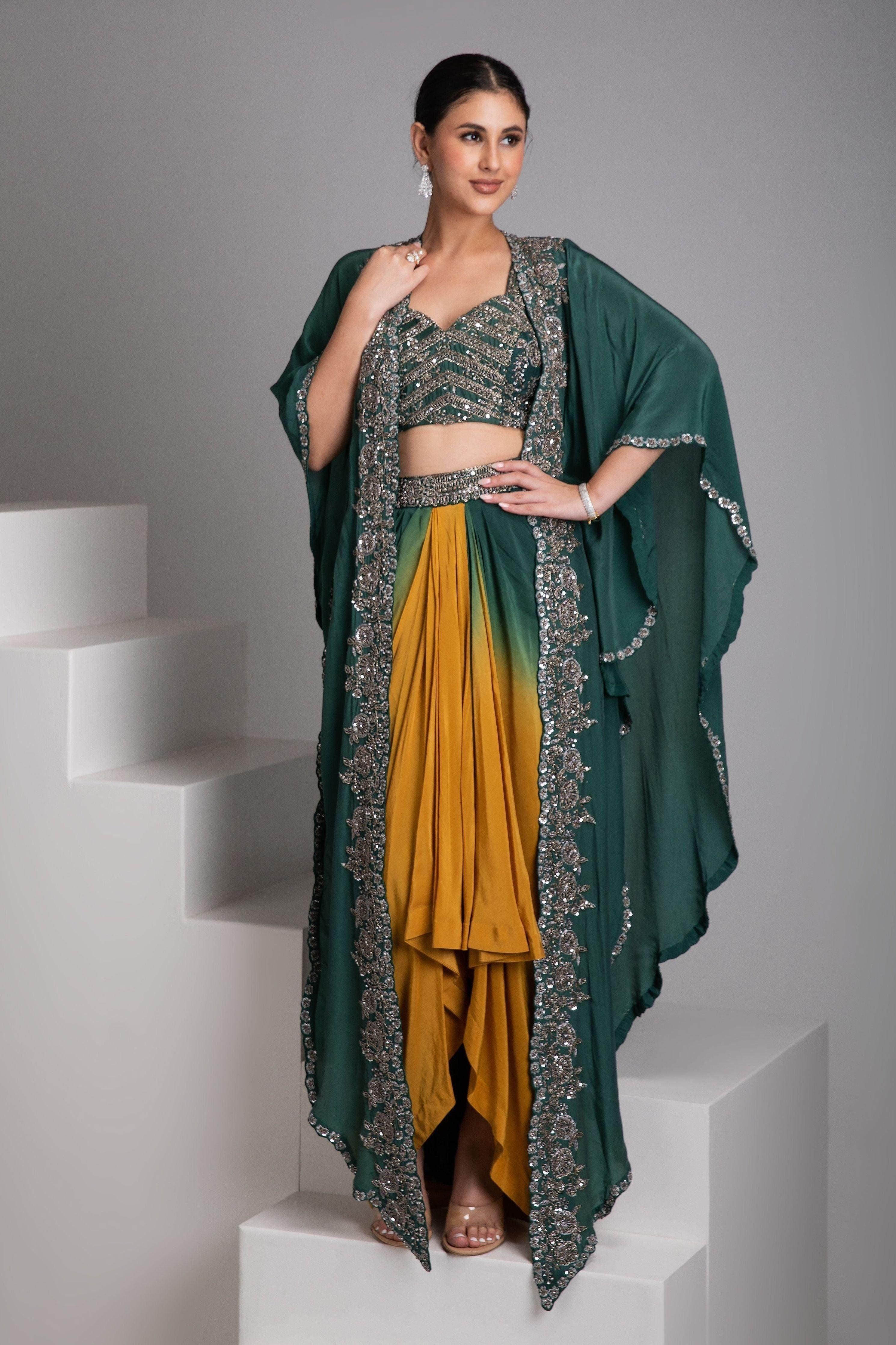 Emerald Green And Mustard Cape Set - Mokshaa
