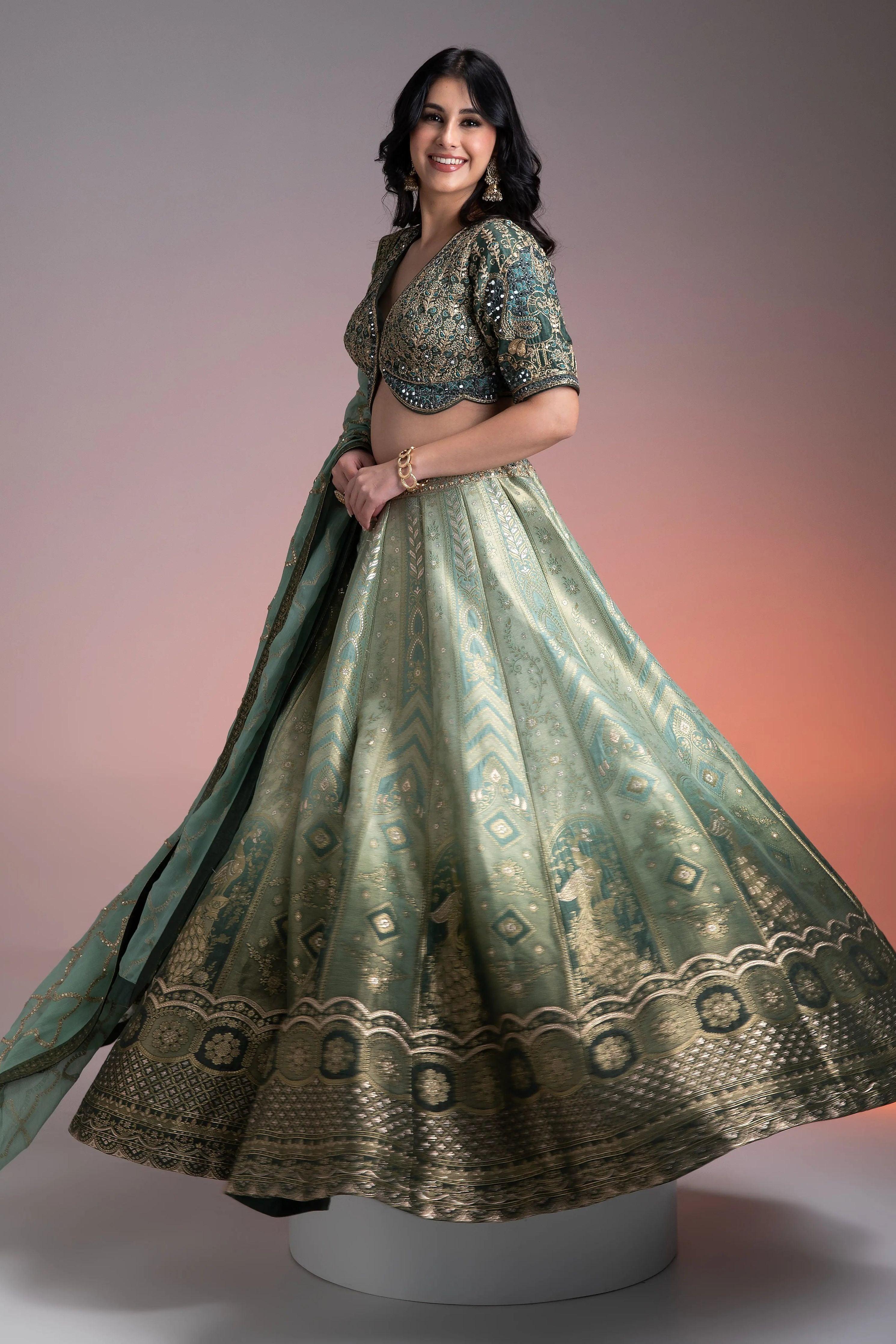 Sage Green Shaded Banarasi Silk Lehenga - Mokshaa