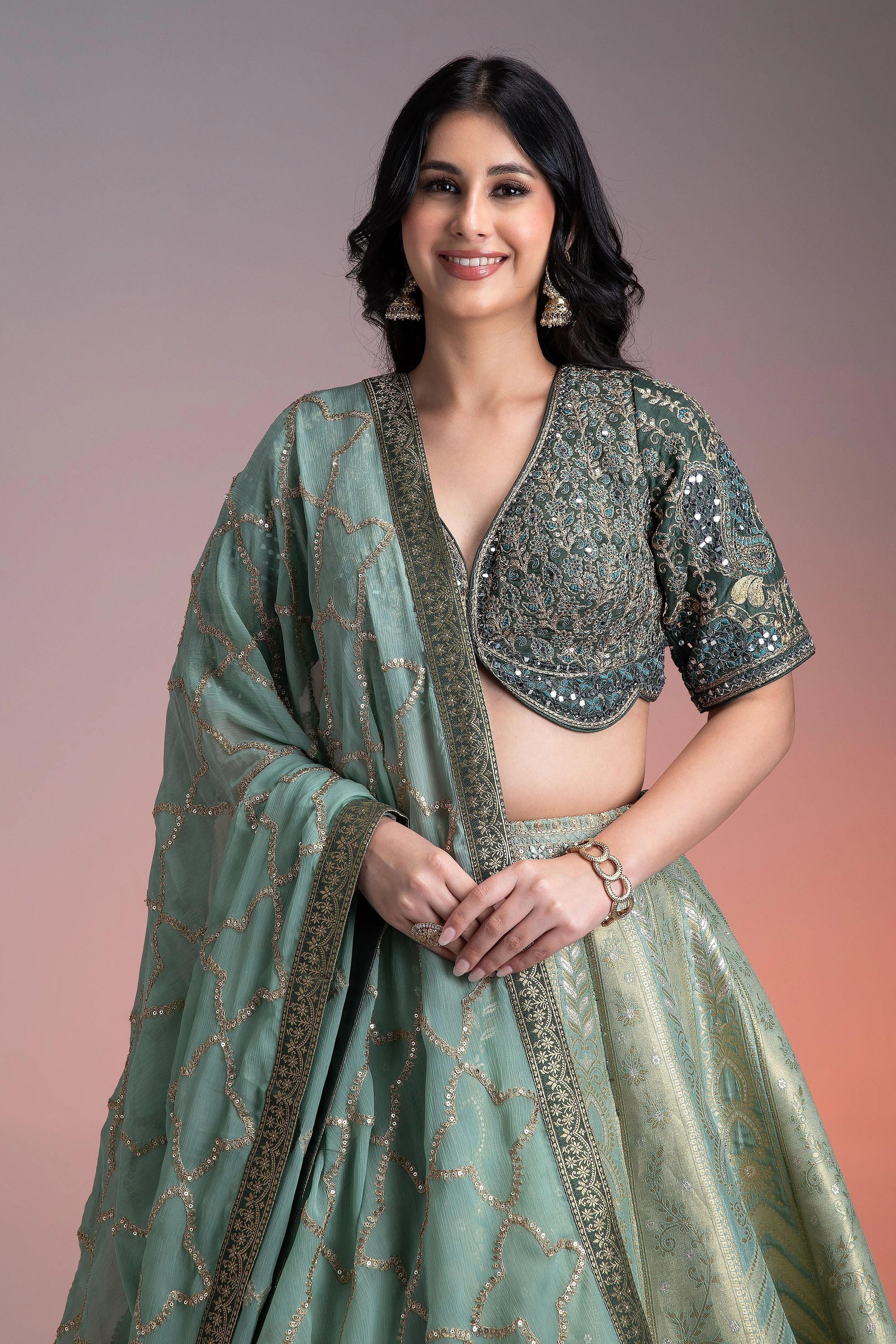 Sage Green Shaded Banarasi Silk Lehenga - Mokshaa