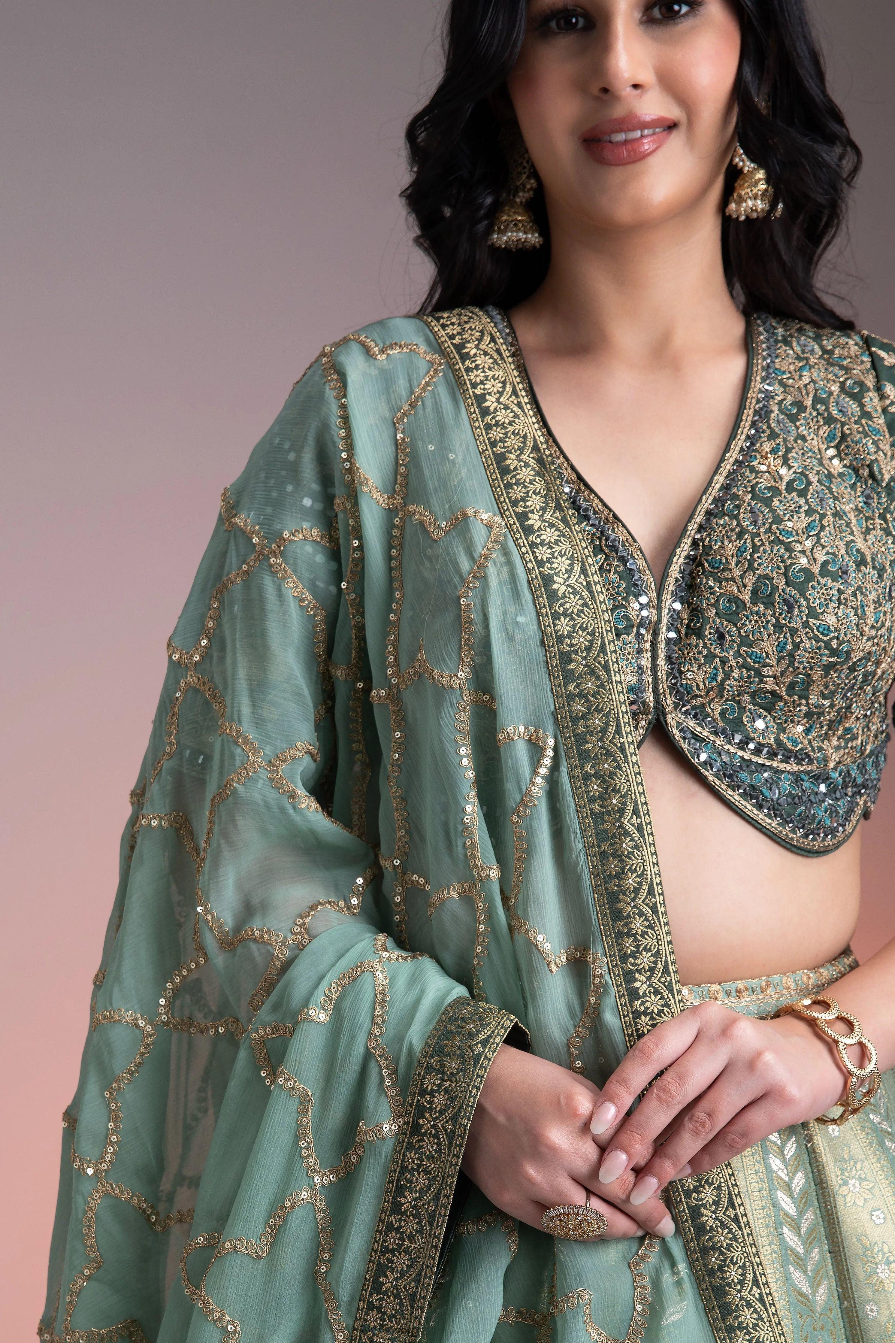 Sage Green Shaded Banarasi Silk Lehenga - Mokshaa