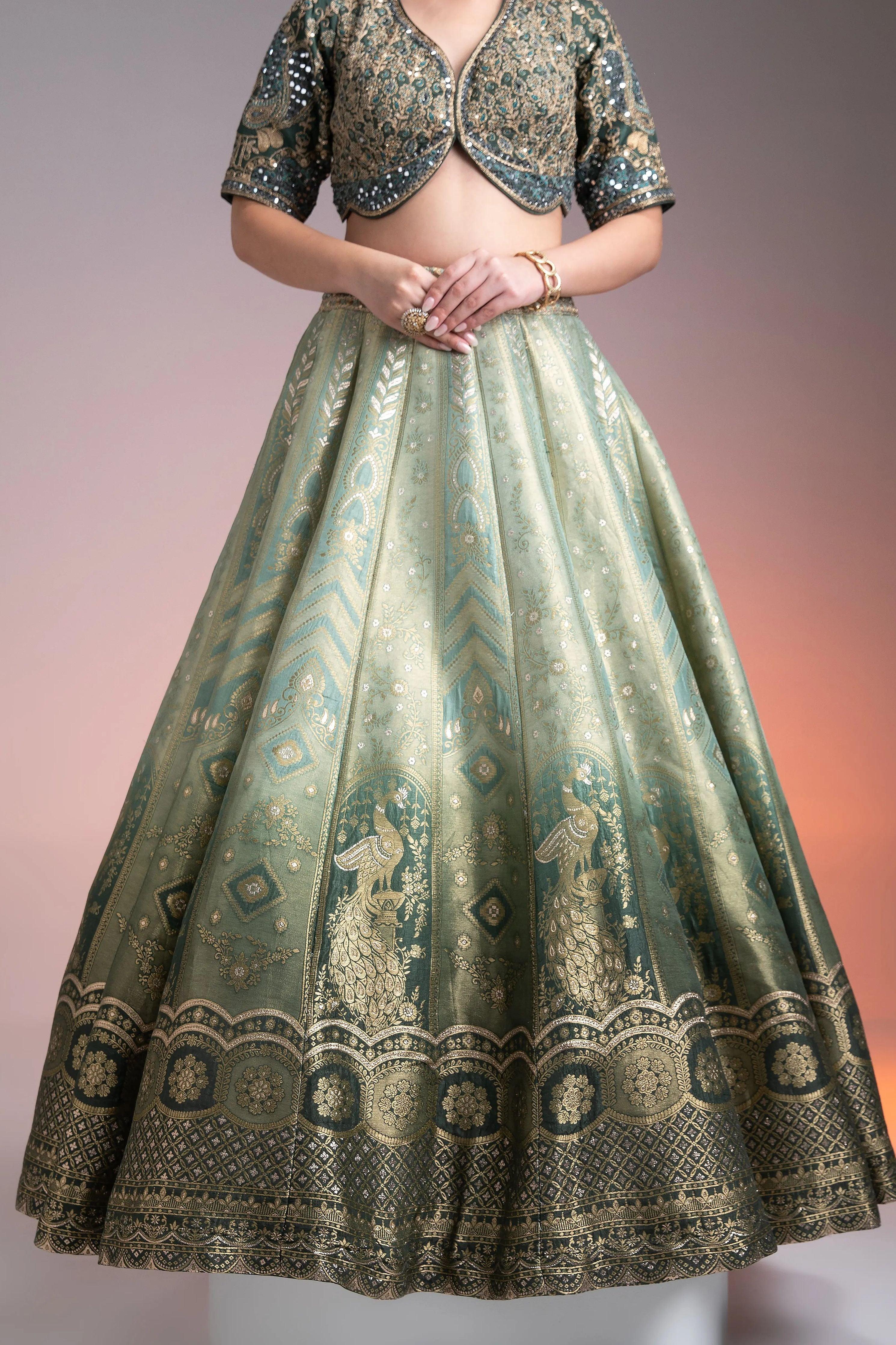 Sage Green Shaded Banarasi Silk Lehenga - Mokshaa