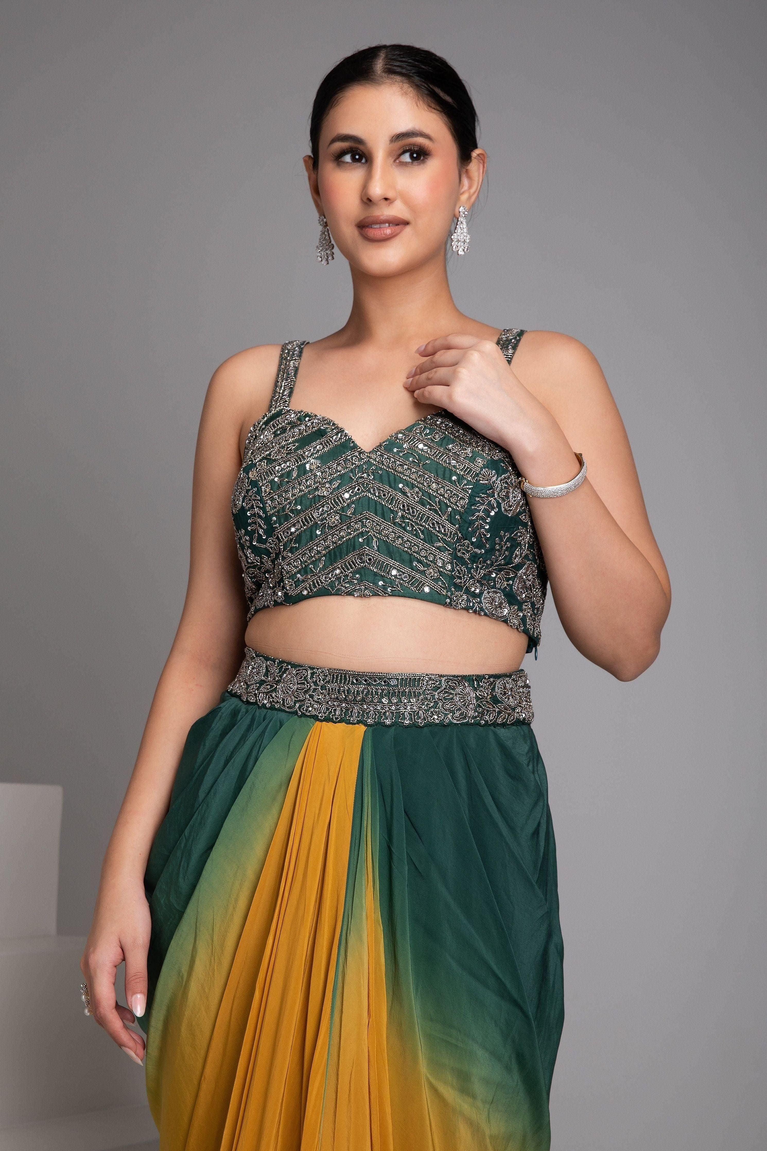 Emerald Green And Mustard Cape Set - Mokshaa