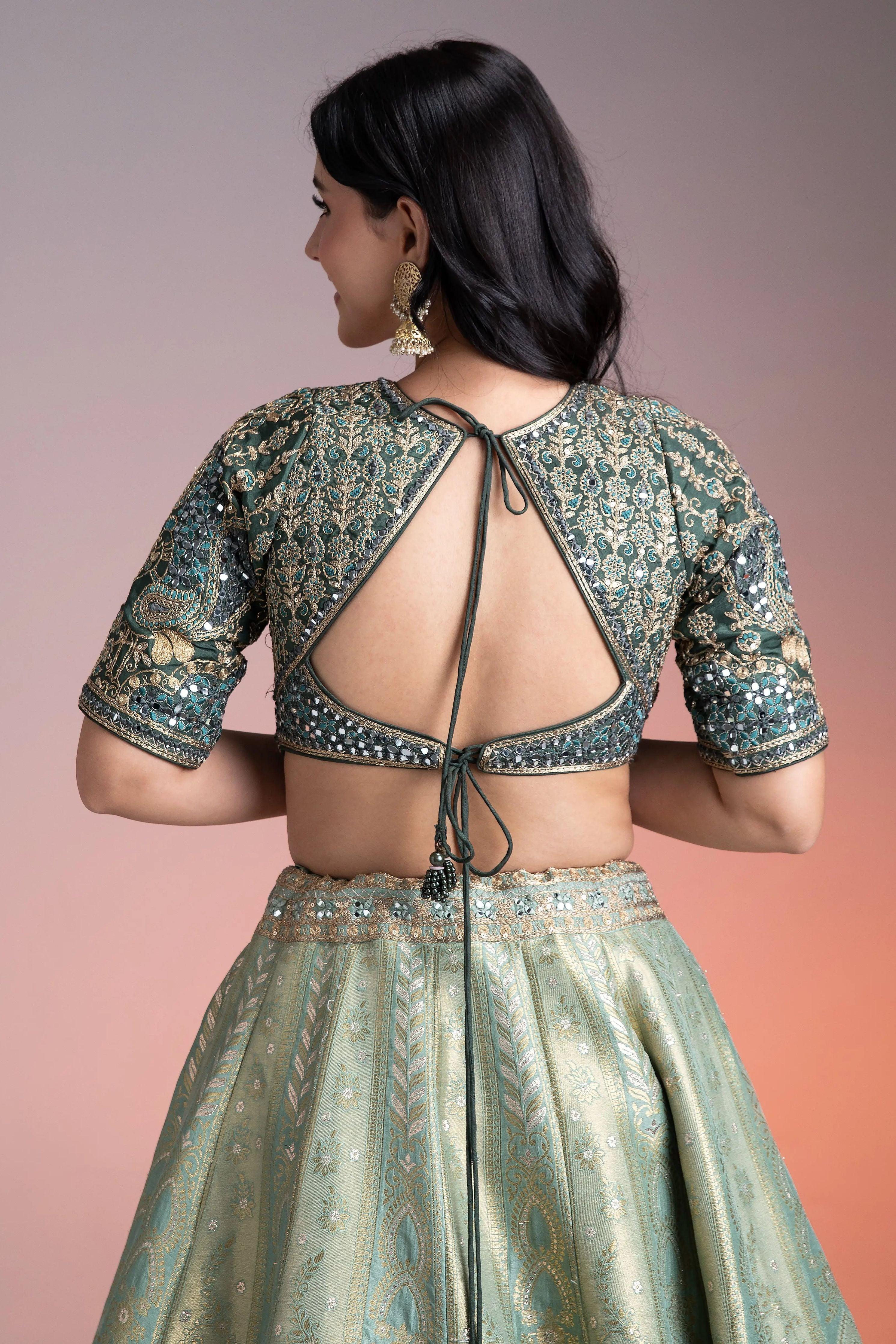 Sage Green Shaded Banarasi Silk Lehenga - Mokshaa
