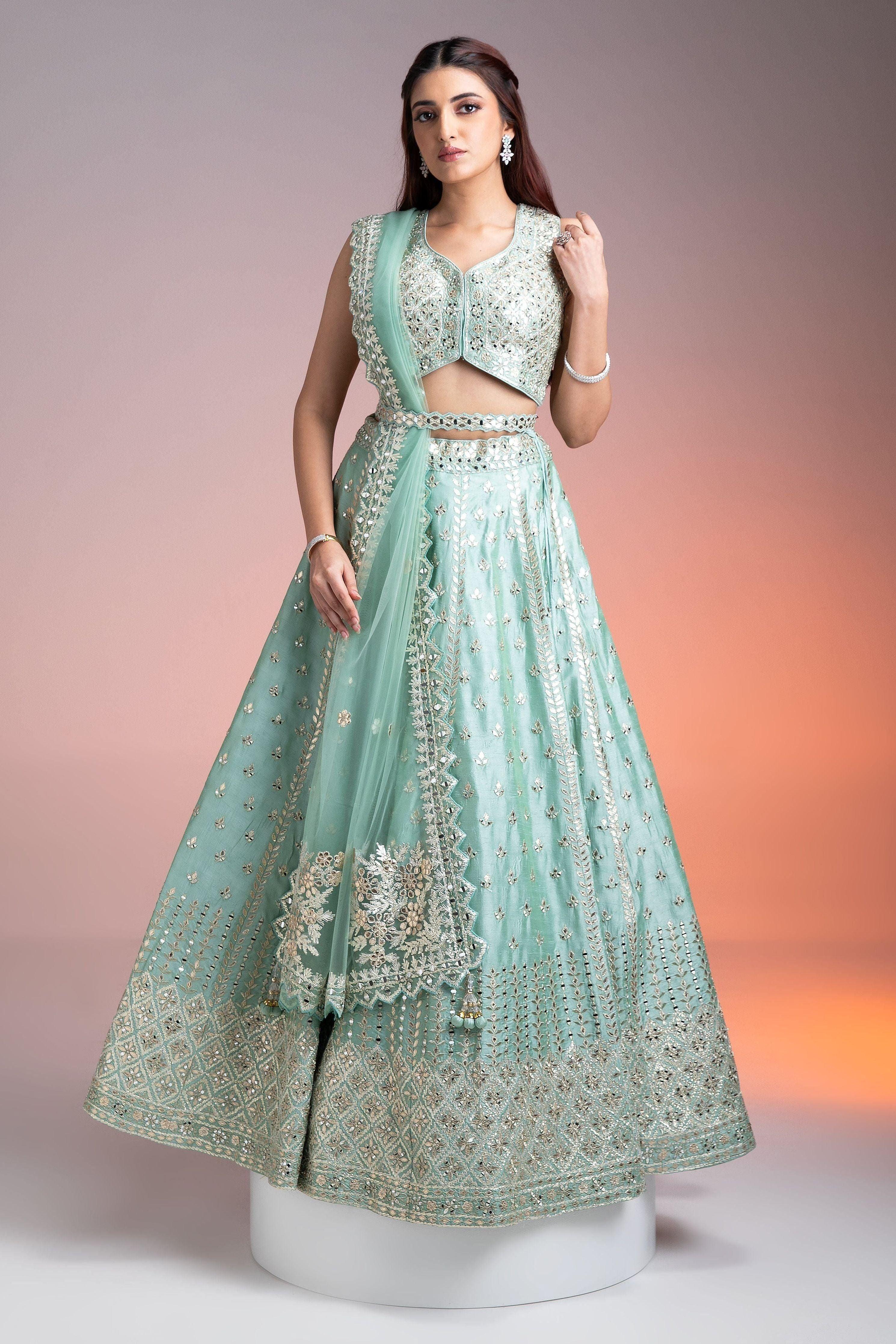 Mint Green Raw Silk Lehenga - Mokshaa