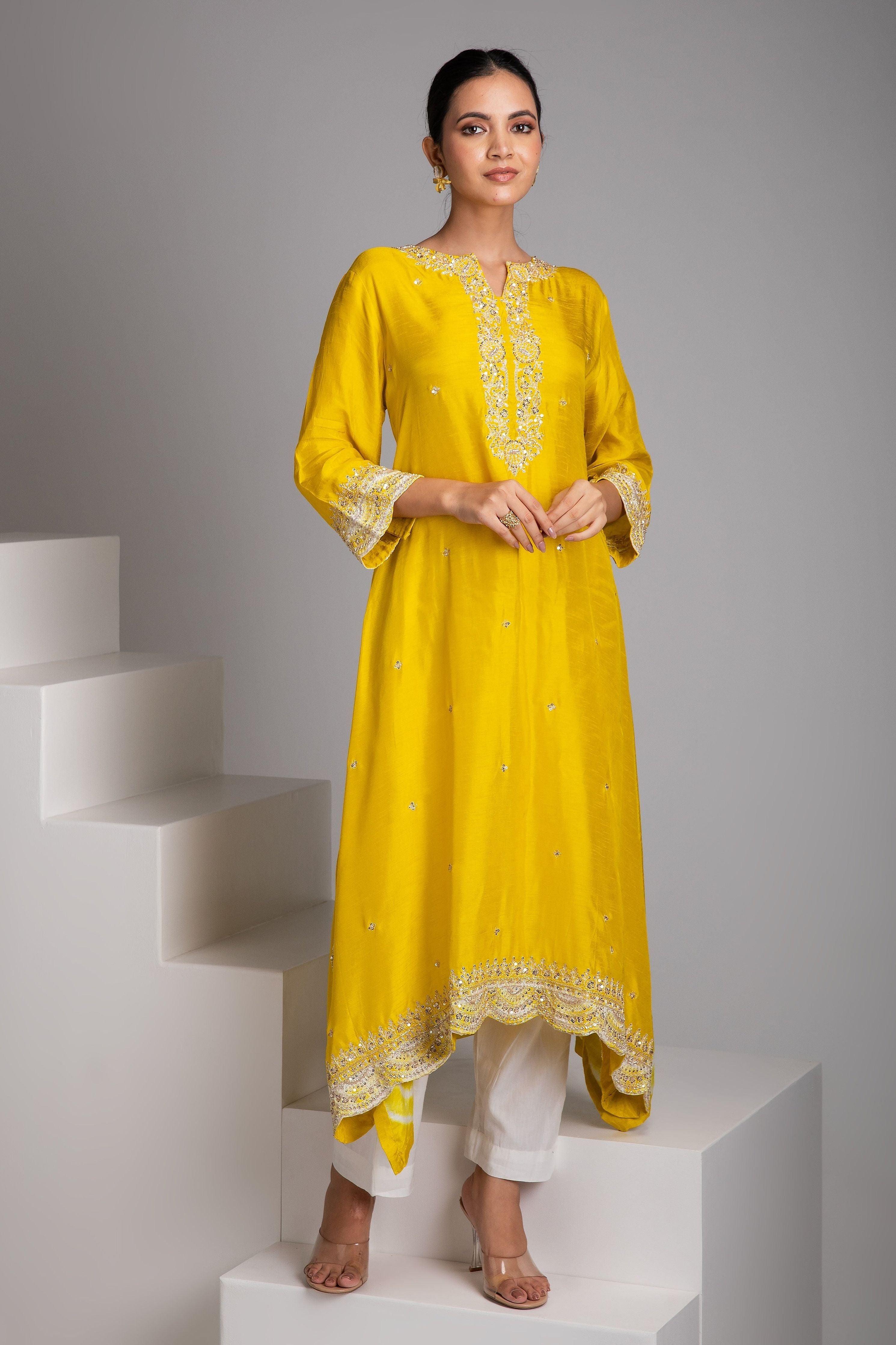 Yellow Embroidered Kurta Set - Mokshaa