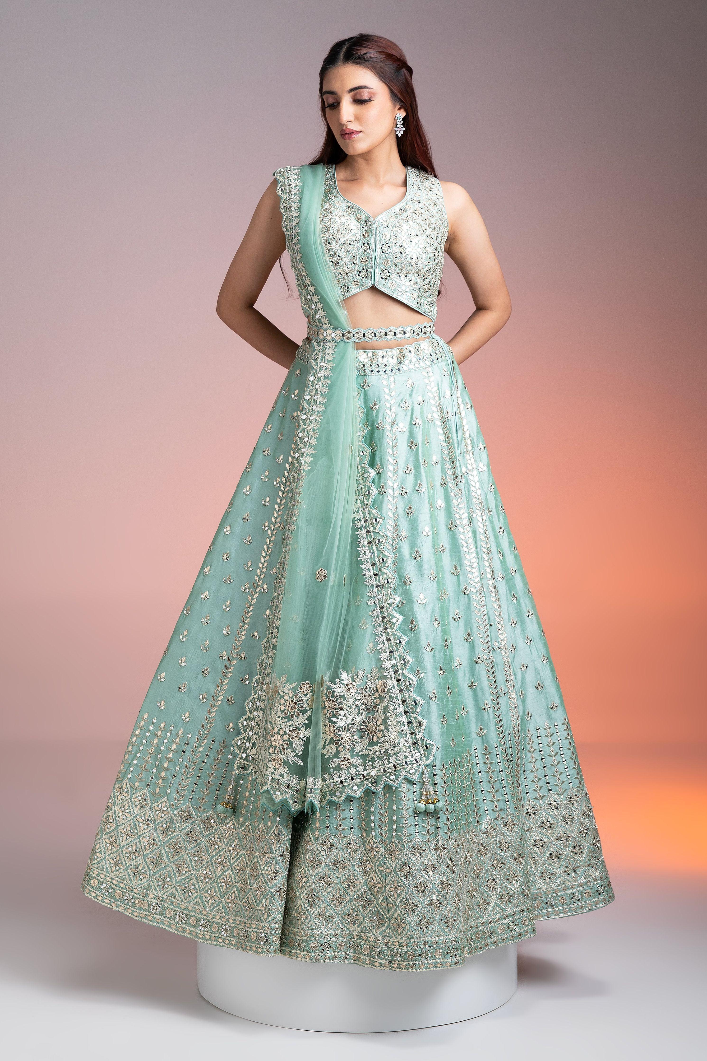 Mint Green Raw Silk Lehenga - Mokshaa