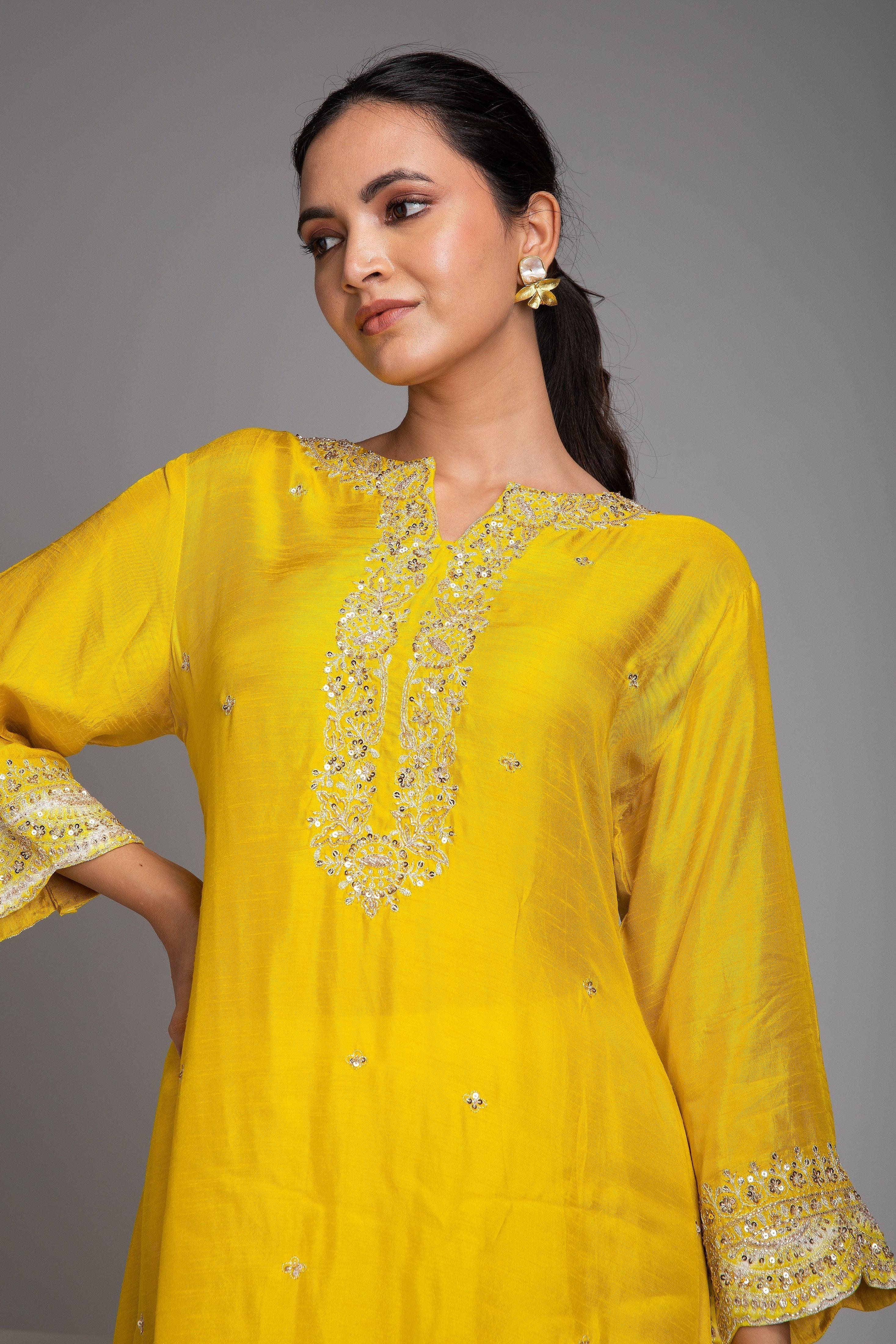 Yellow Embroidered Kurta Set - Mokshaa