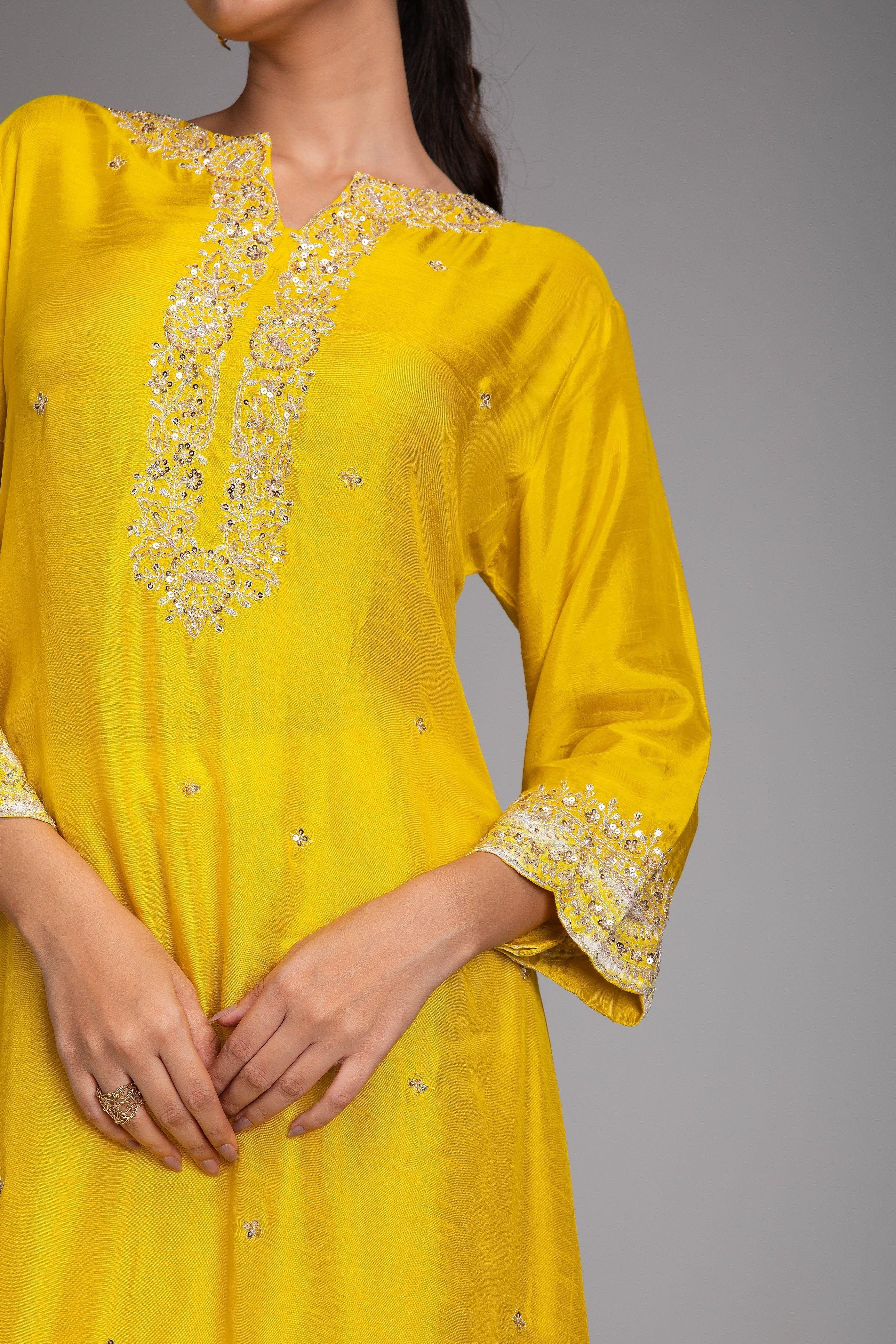 Yellow Embroidered Kurta Set - Mokshaa