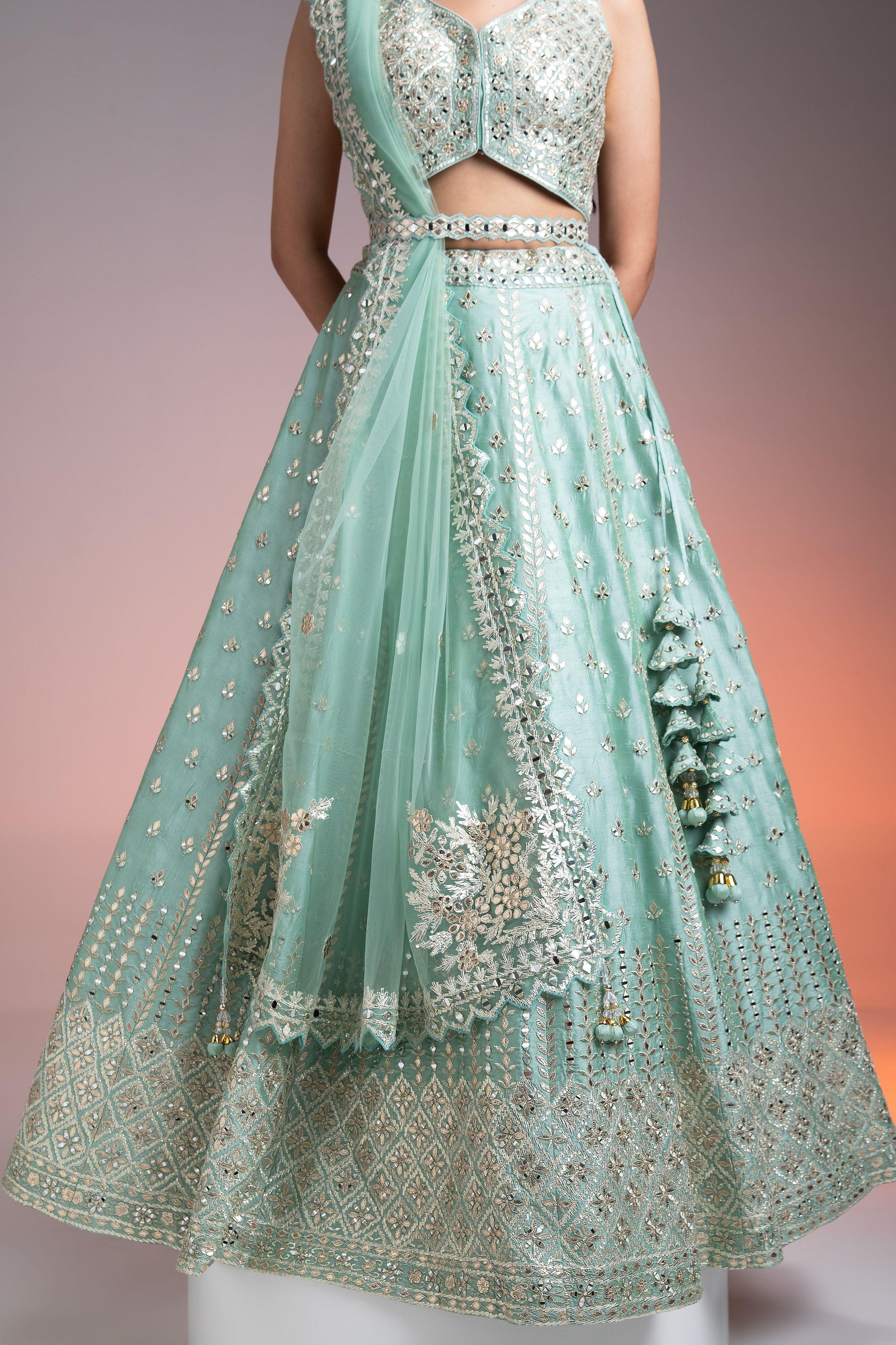 Mint Green Raw Silk Lehenga - Mokshaa