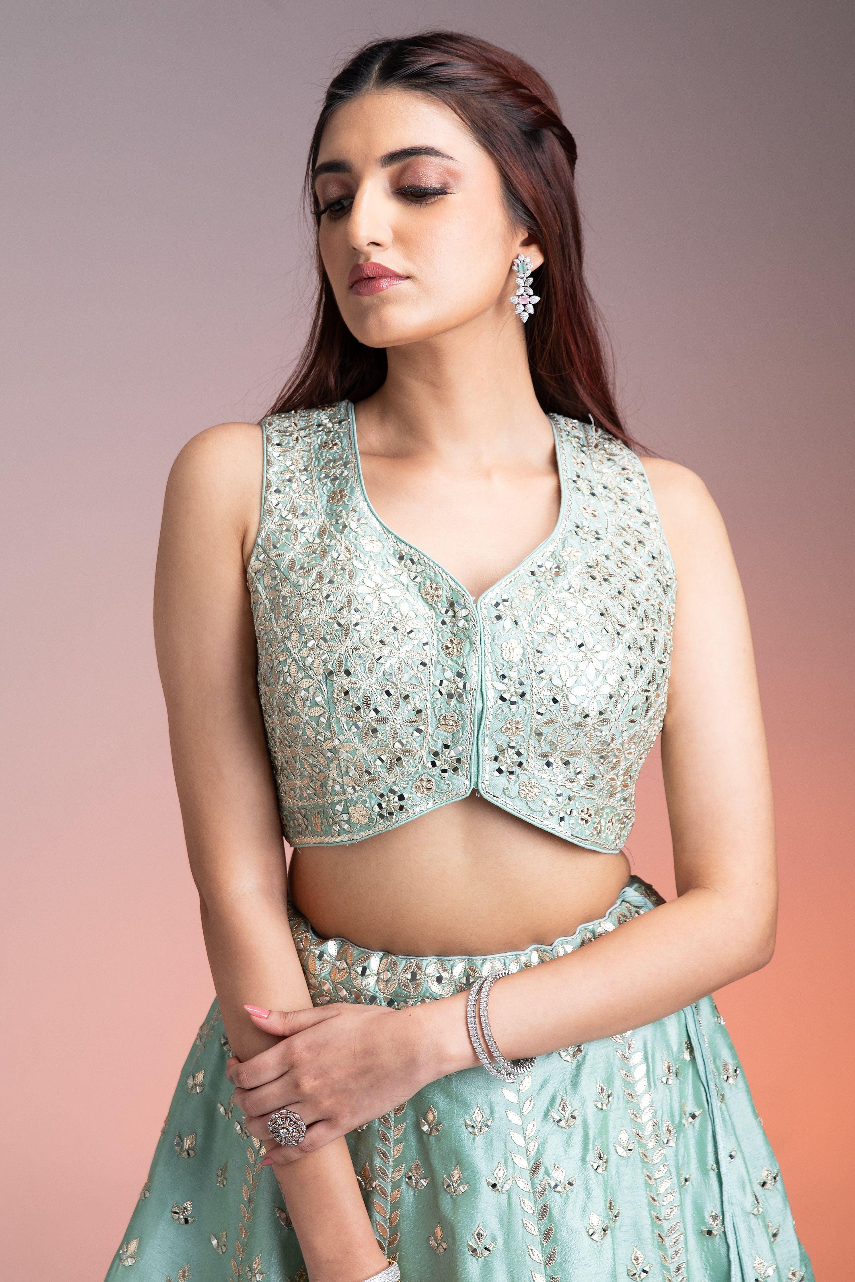 Mint Green Raw Silk Lehenga - Mokshaa
