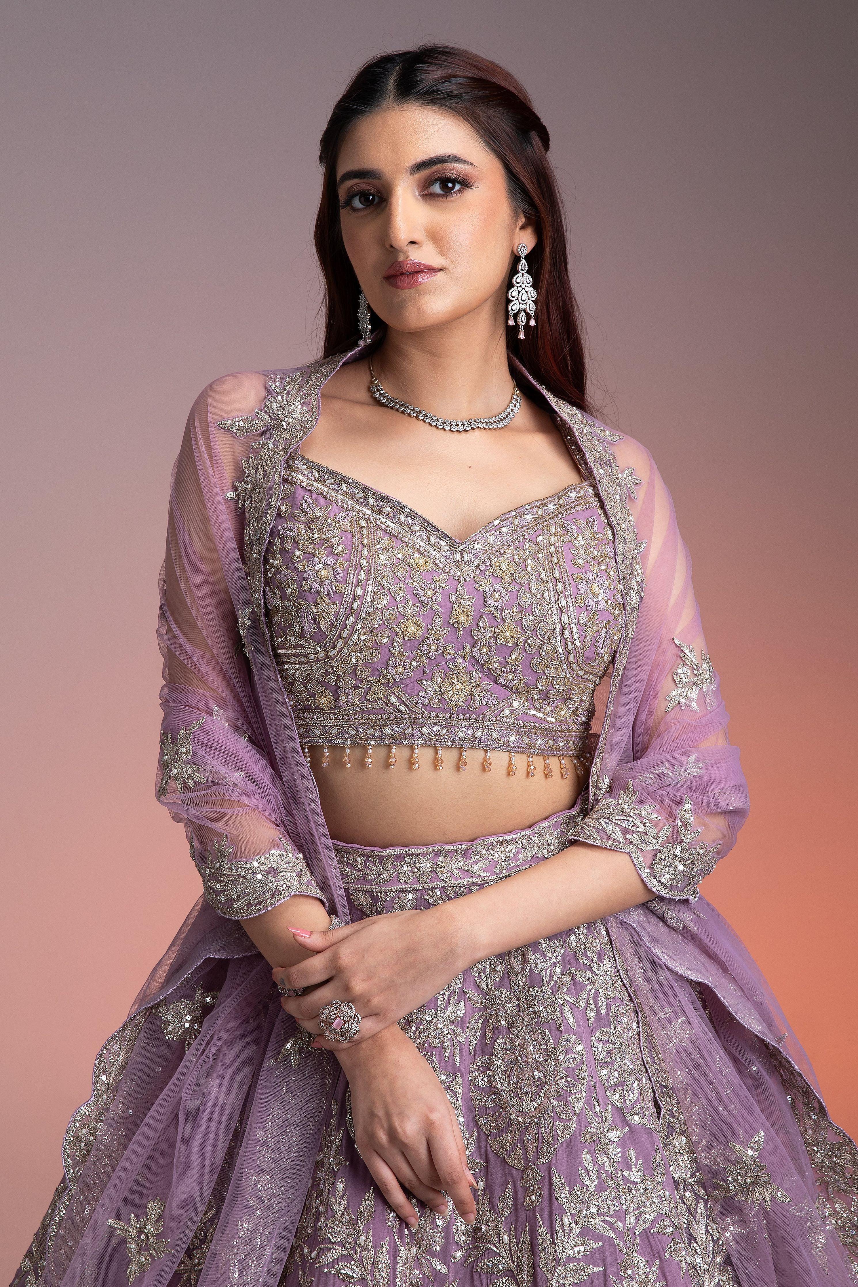 Stunning Lavender Georgette Lehenga With Silver Embroidery - Mokshaa