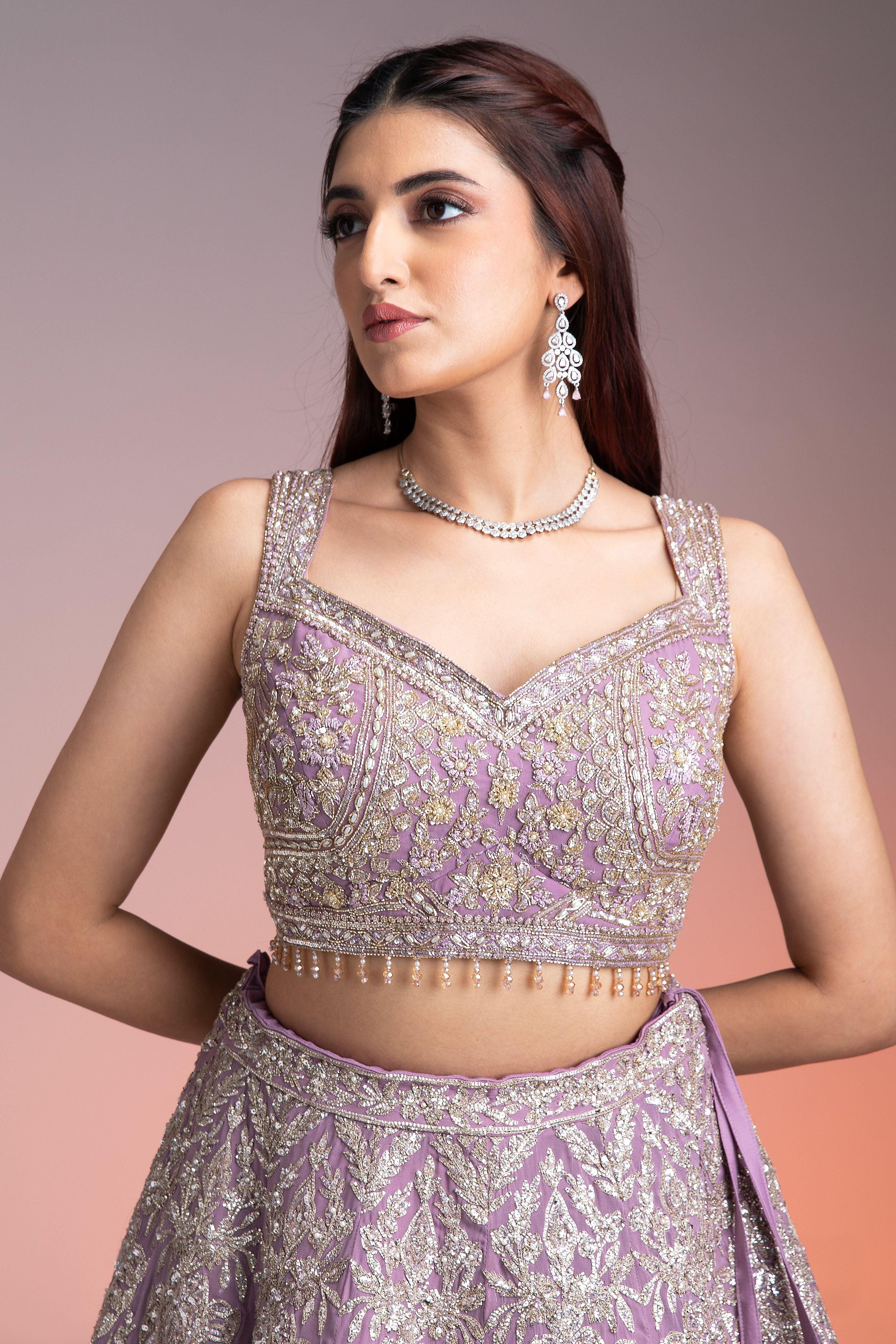 Stunning Lavender Georgette Lehenga With Silver Embroidery - Mokshaa