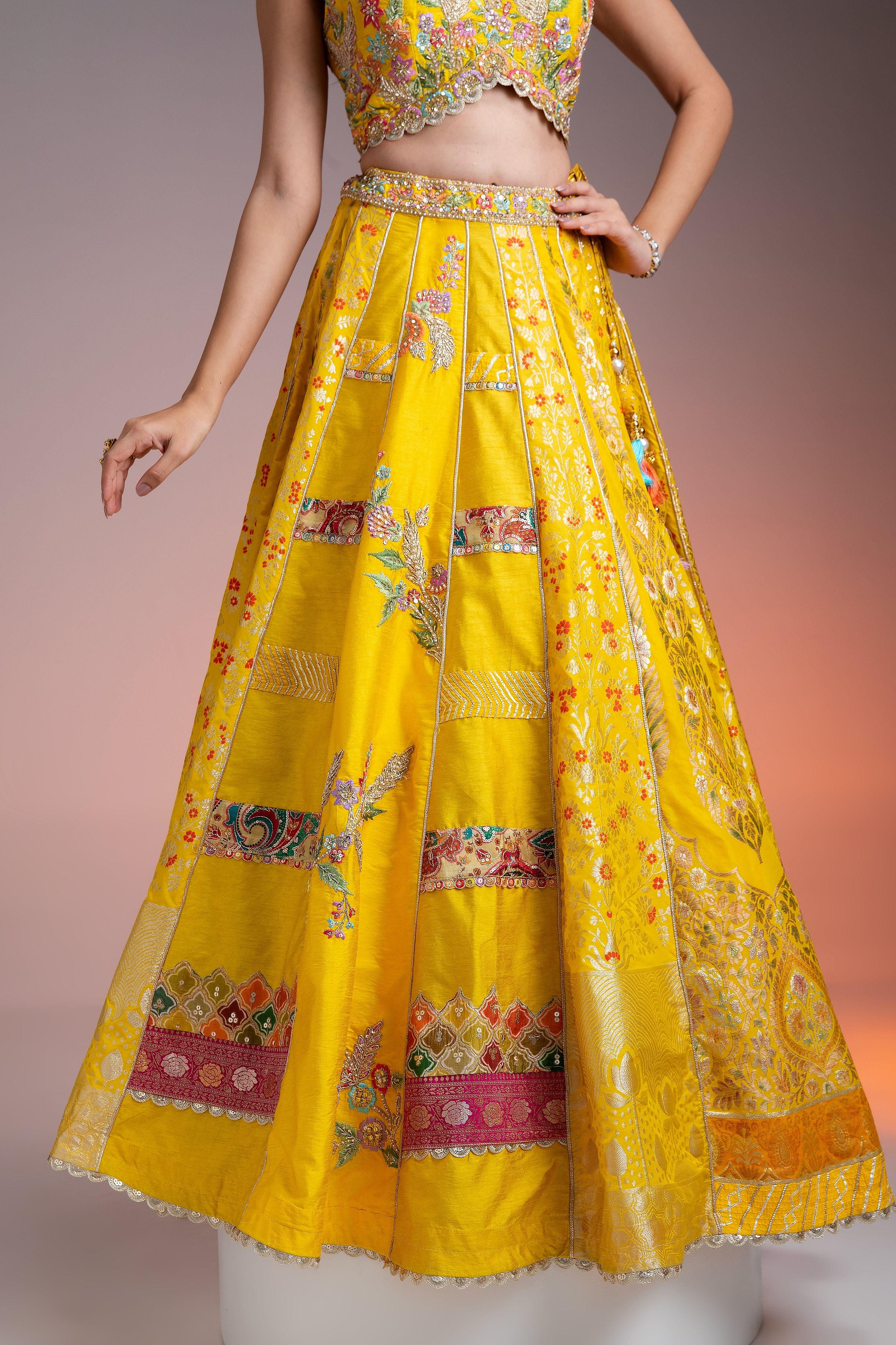 Bright Yellow Silk Lehenga With Multicolor Floral Threadwork And Net Dupatta - Mokshaa