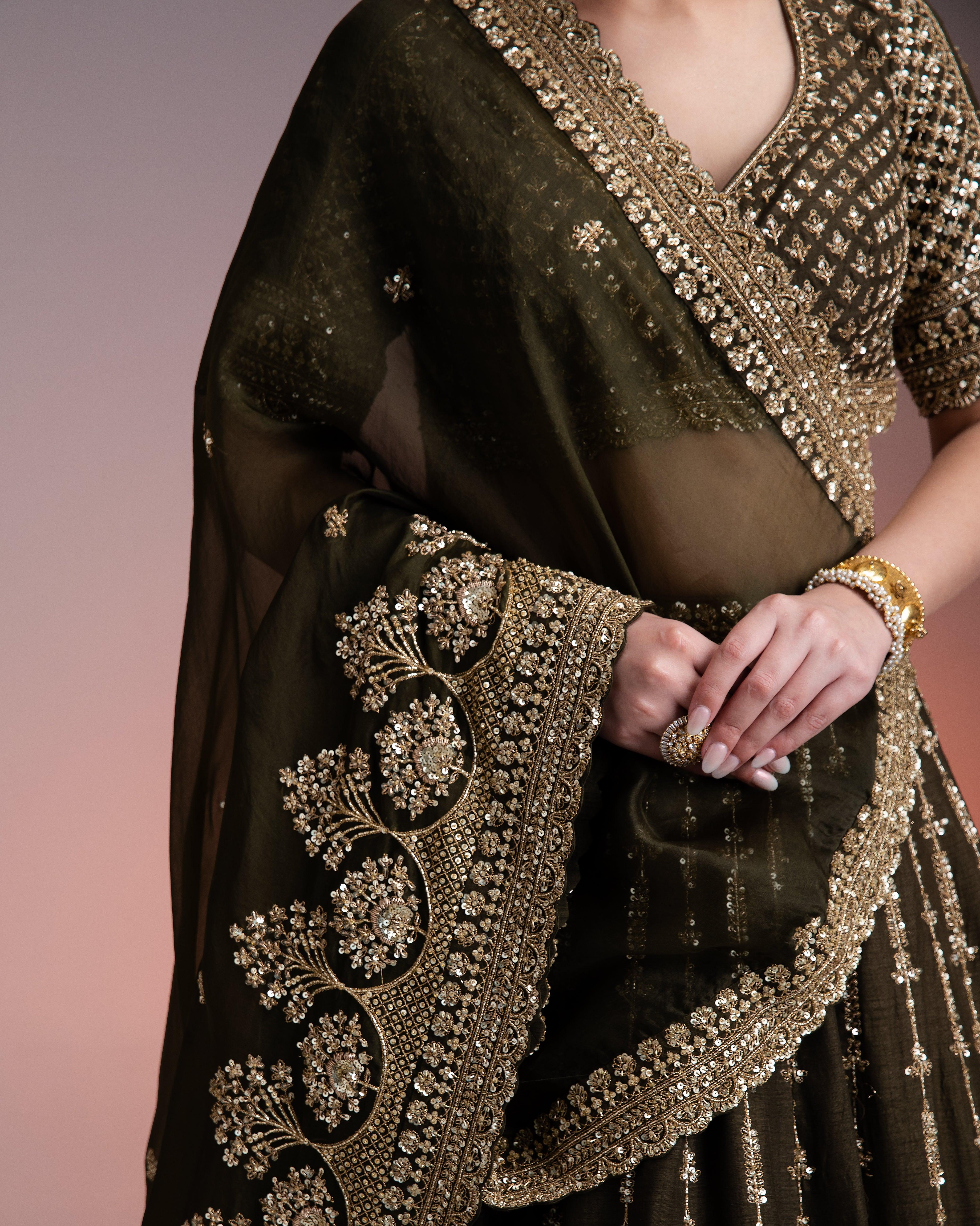 Olive Green Silk Lehenga With Gold Zari And Organza Dupatta - Mokshaa