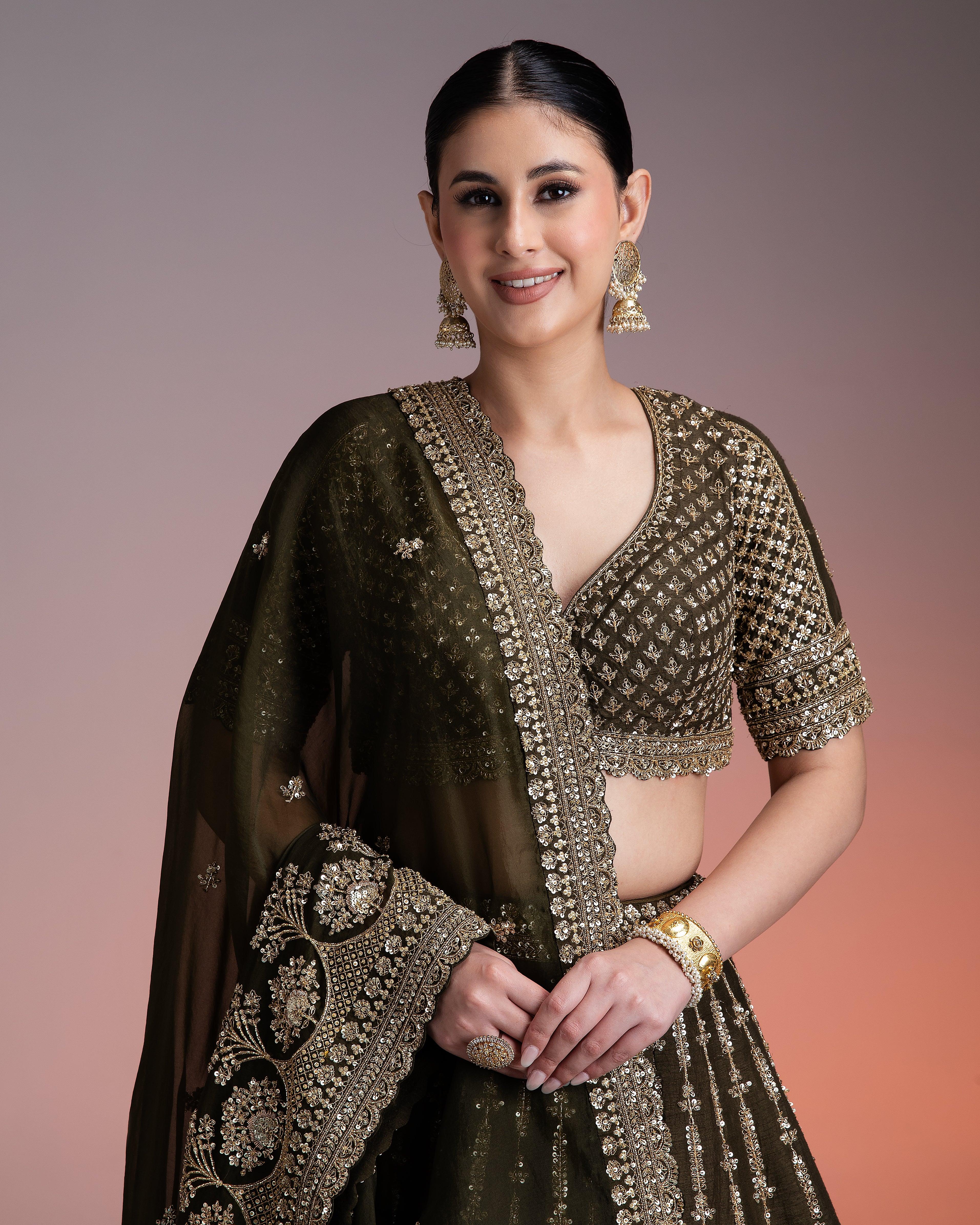 Olive Green Silk Lehenga With Gold Zari And Organza Dupatta - Mokshaa
