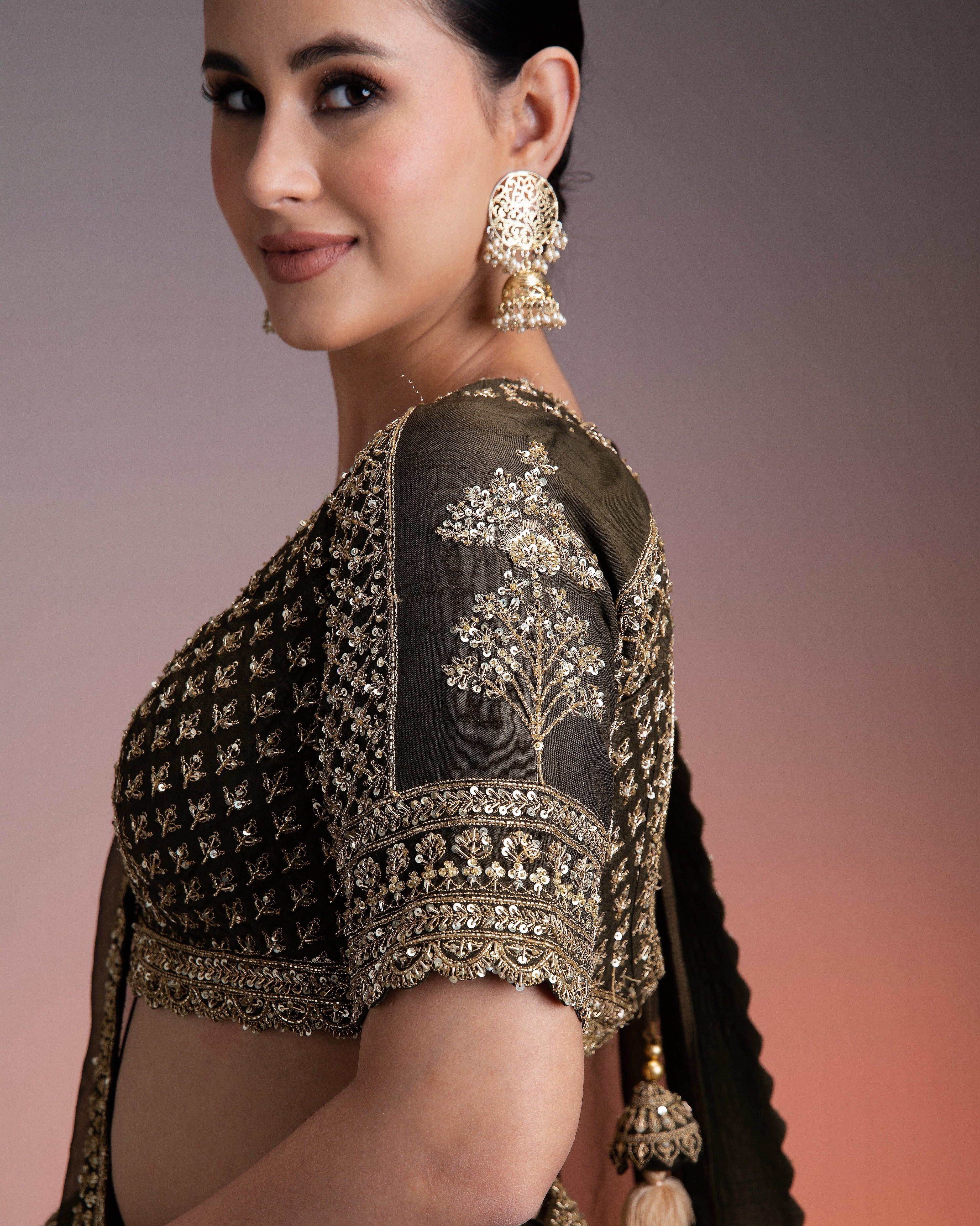 Olive Green Silk Lehenga With Gold Zari And Organza Dupatta - Mokshaa