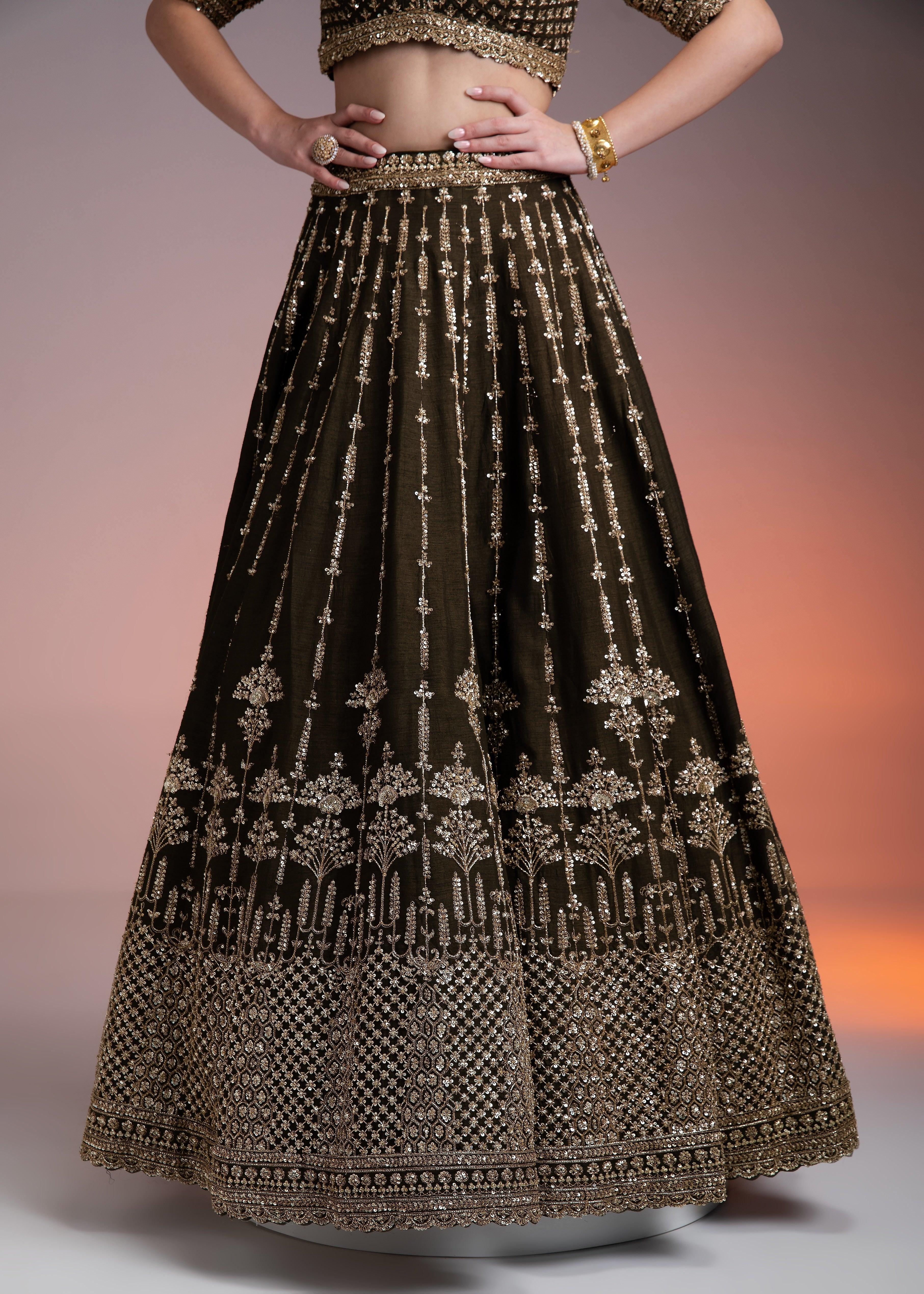 Olive Green Silk Lehenga With Gold Zari And Organza Dupatta - Mokshaa