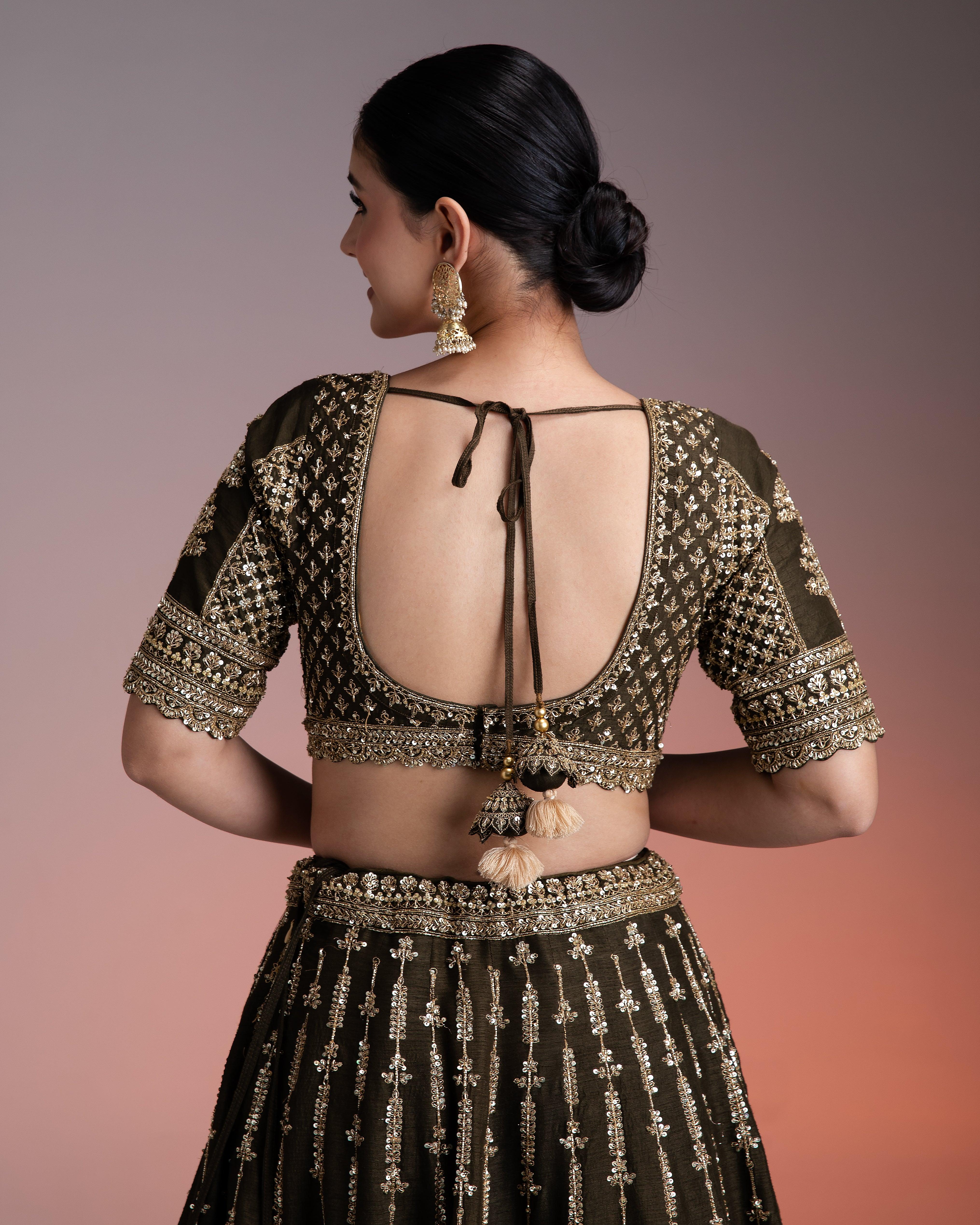 Olive Green Silk Lehenga With Gold Zari And Organza Dupatta - Mokshaa