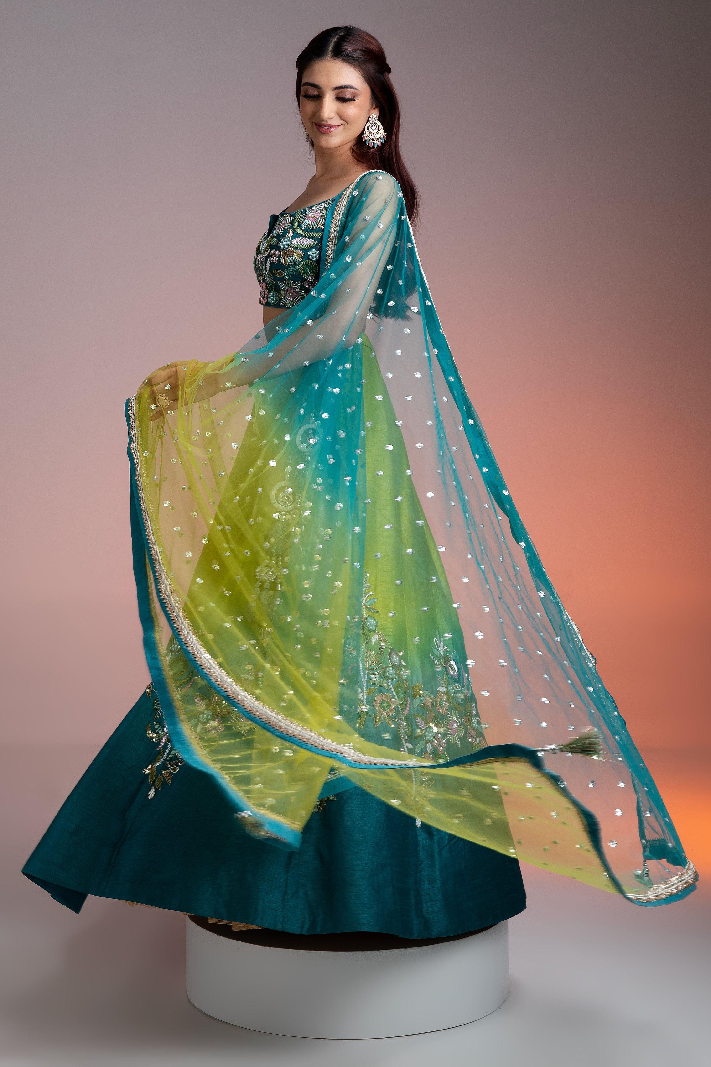 Green Blue Ombre Silk Lehenga With Floral Threadwork And Net Dupatta - Mokshaa