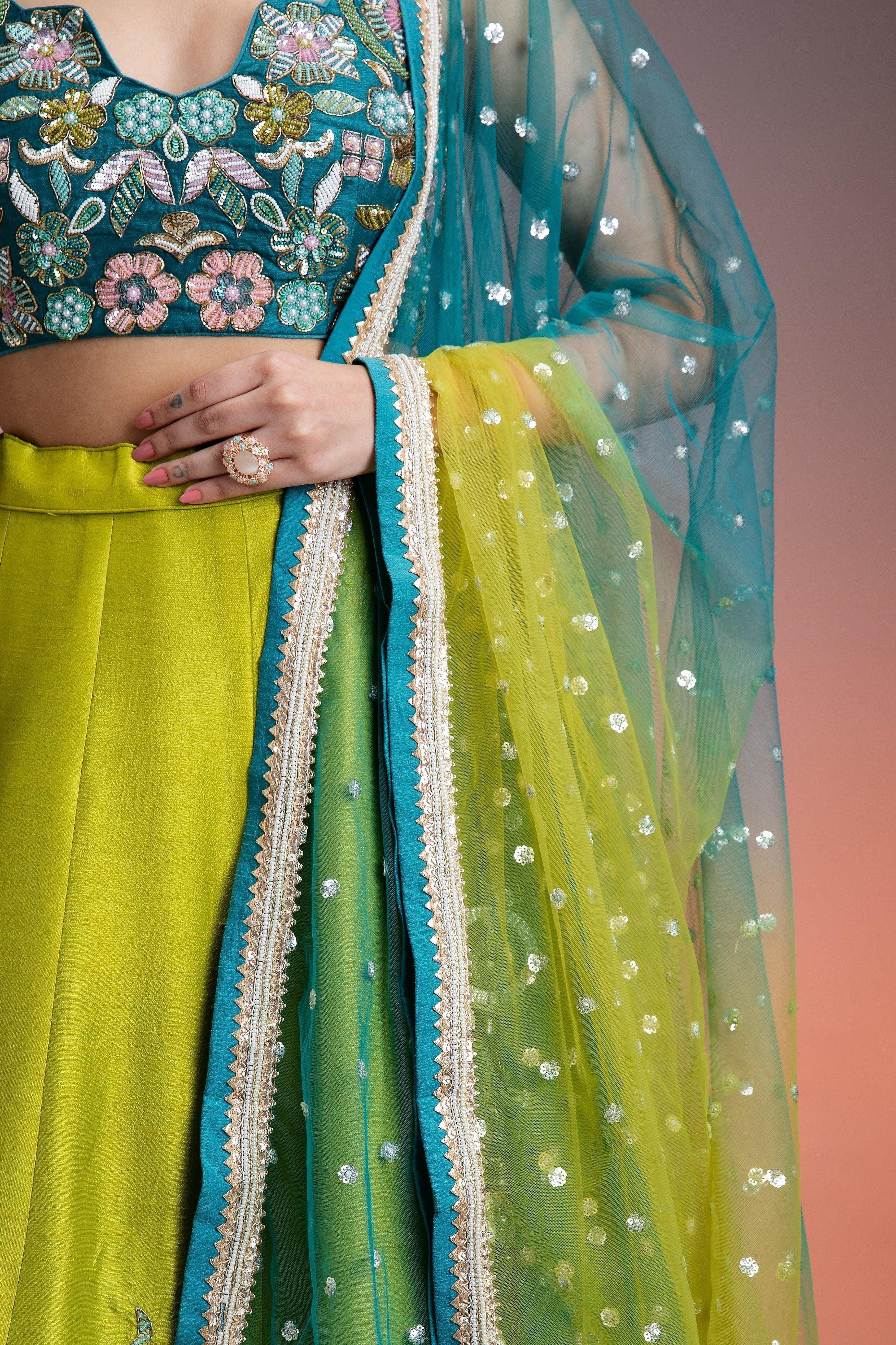 Green Blue Ombre Silk Lehenga With Floral Threadwork And Net Dupatta - Mokshaa