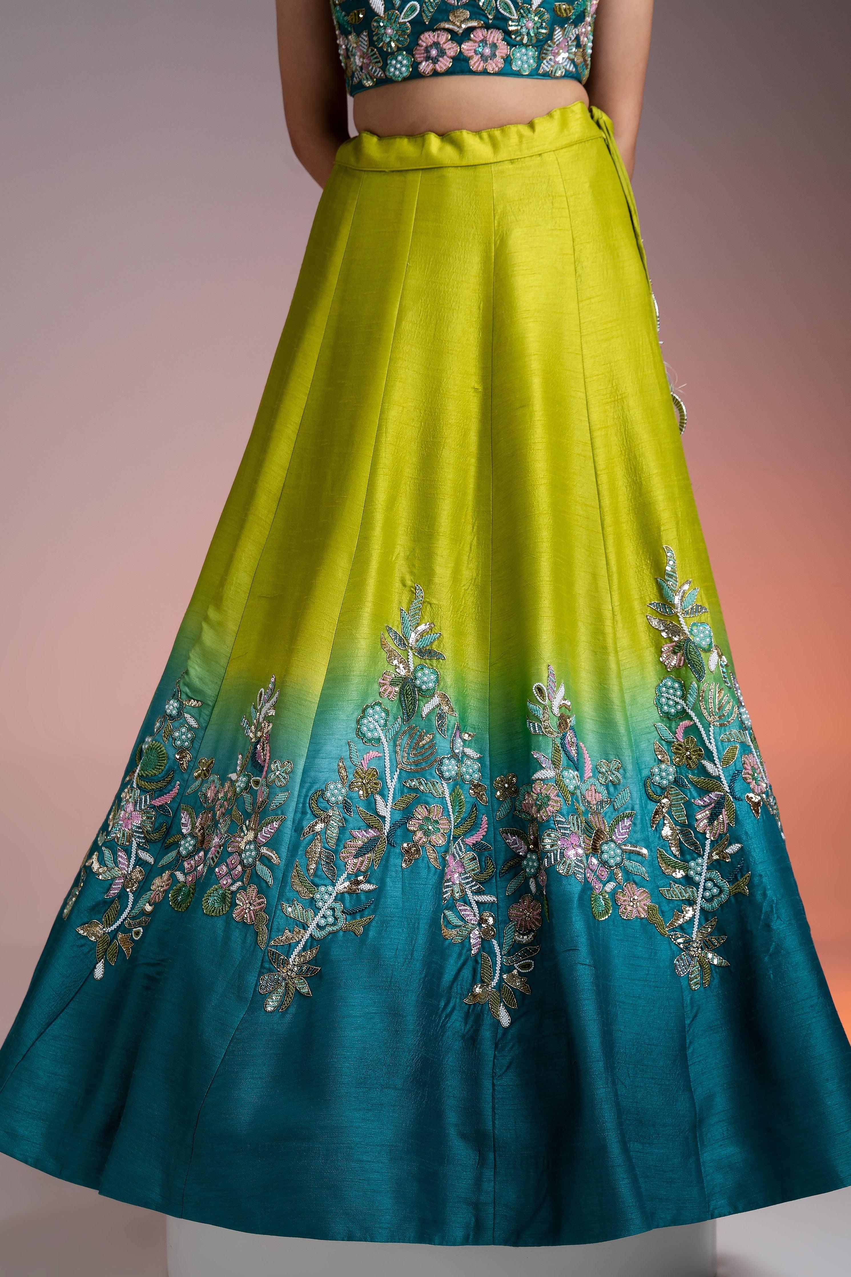 Green Blue Ombre Silk Lehenga With Floral Threadwork And Net Dupatta - Mokshaa