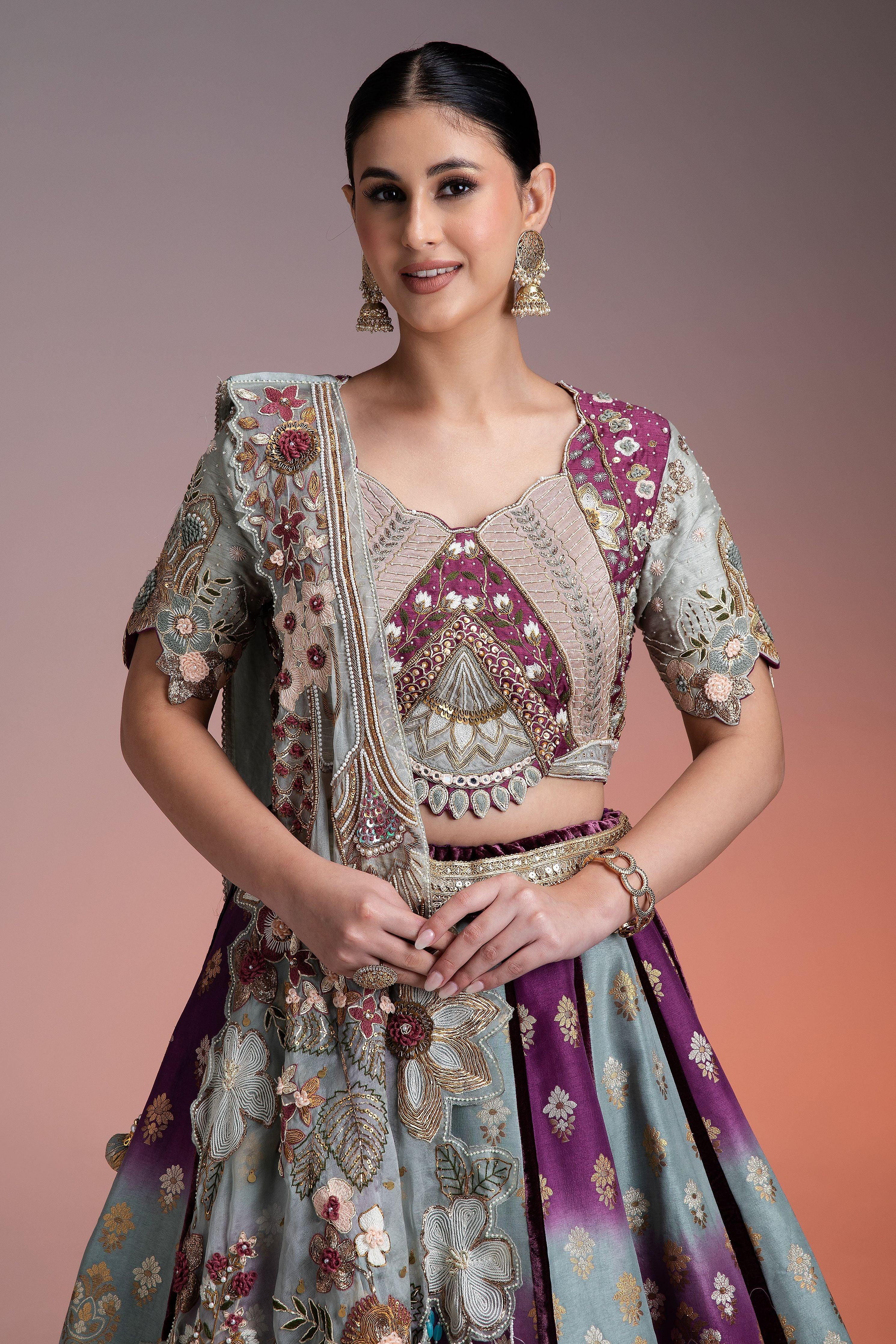 Silk Brocade Lehenga In Muted Pastels And Maroon With Floral Threadwork And Velvet Accents - Mokshaa