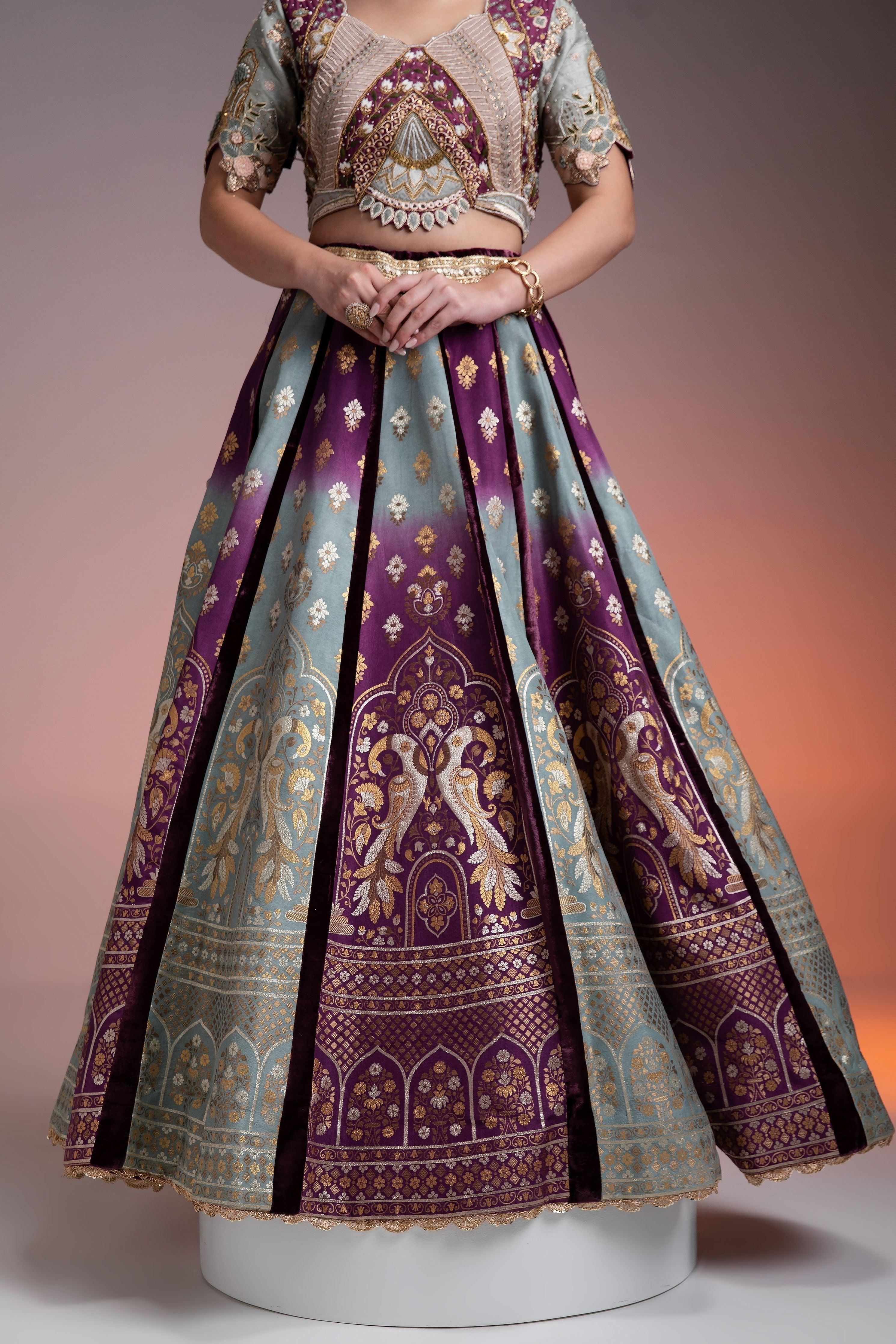 Silk Brocade Lehenga In Muted Pastels And Maroon With Floral Threadwork And Velvet Accents - Mokshaa