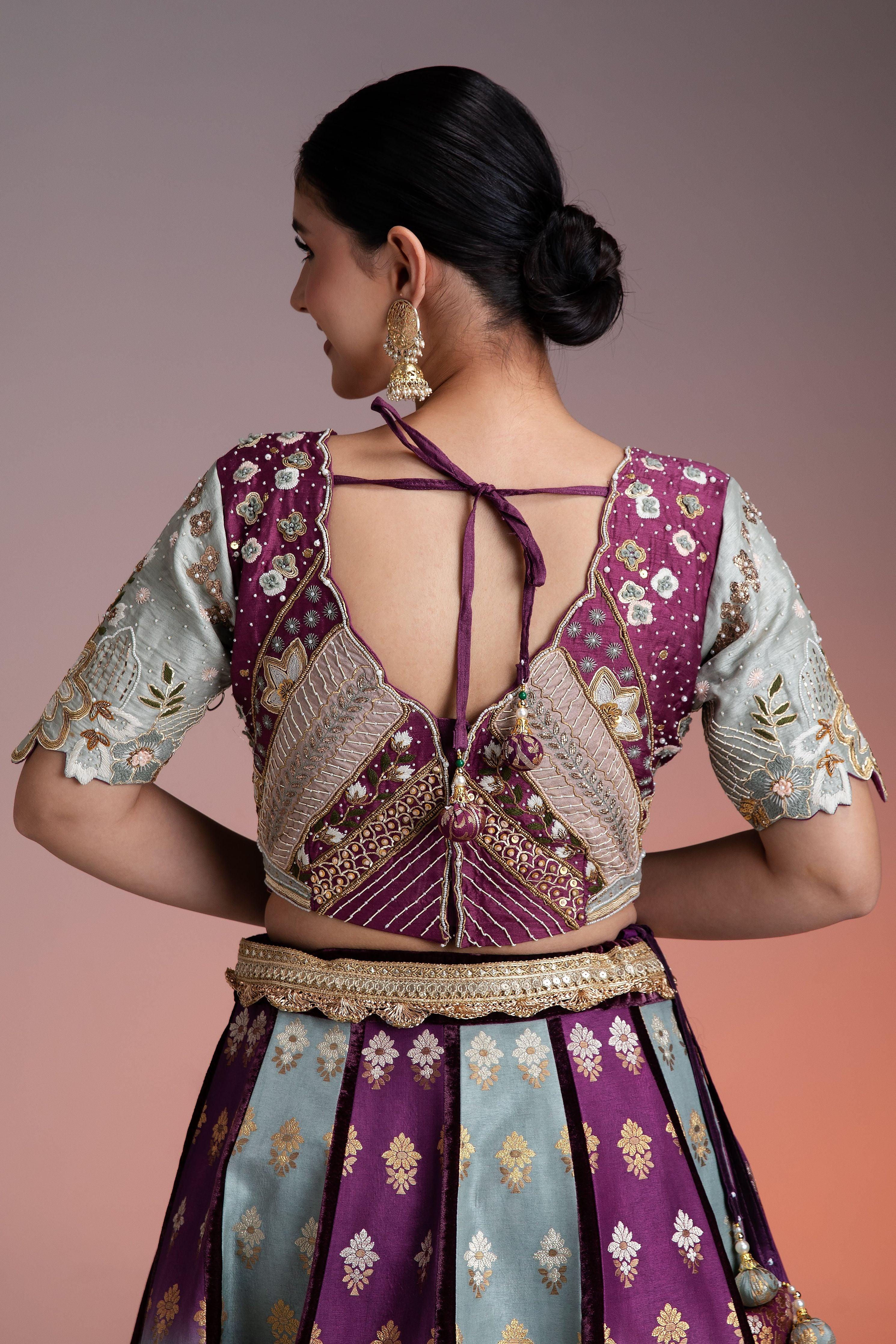 Silk Brocade Lehenga In Muted Pastels And Maroon With Floral Threadwork And Velvet Accents - Mokshaa